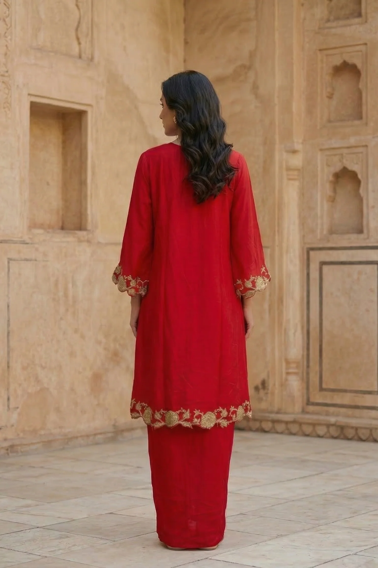 Blood Red Embroidered Raw Silk Skirt Set - Image 2