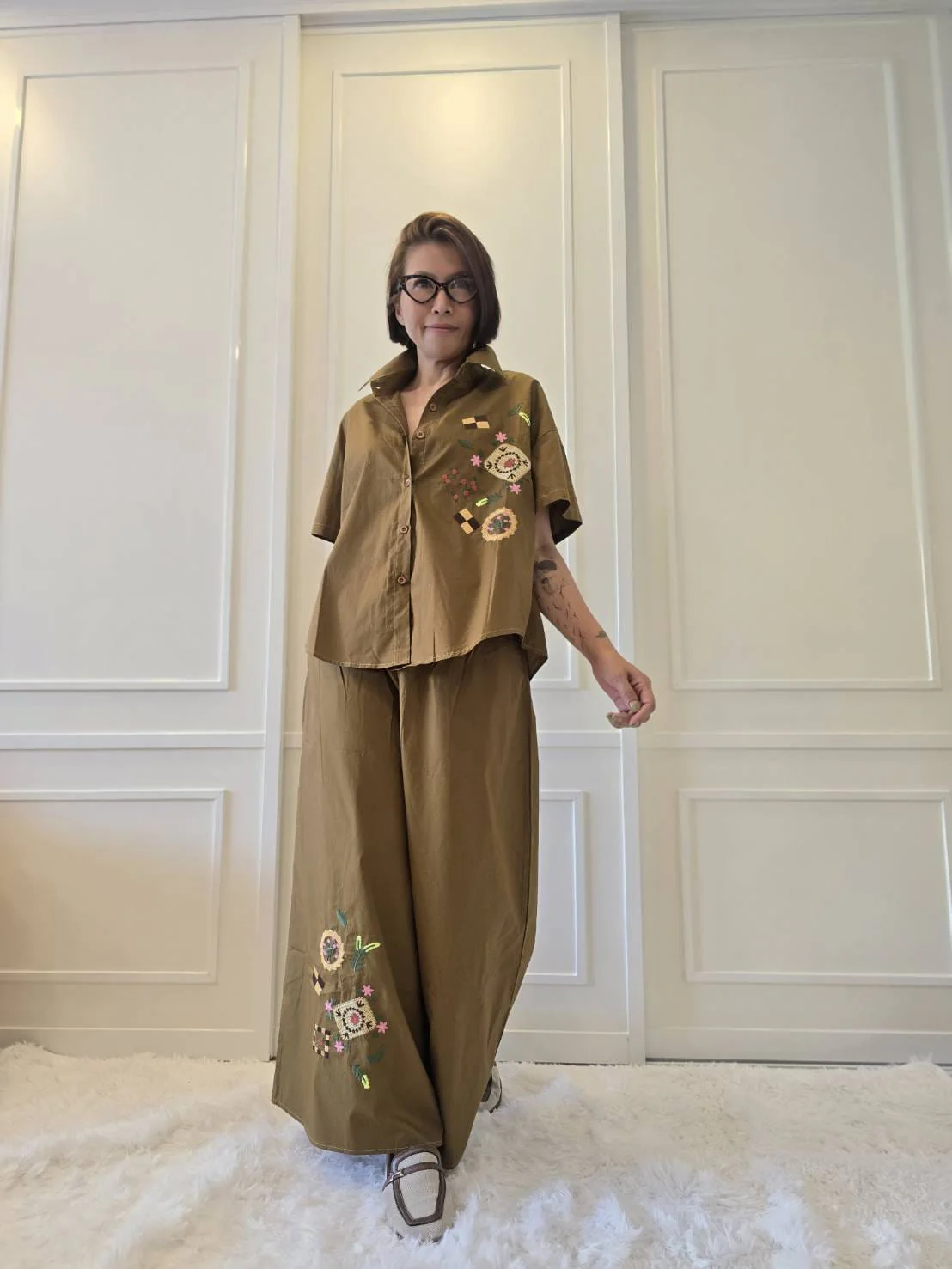 Olive Bronze Abstract Embroidered Cotton Co-ord Set - Image 3