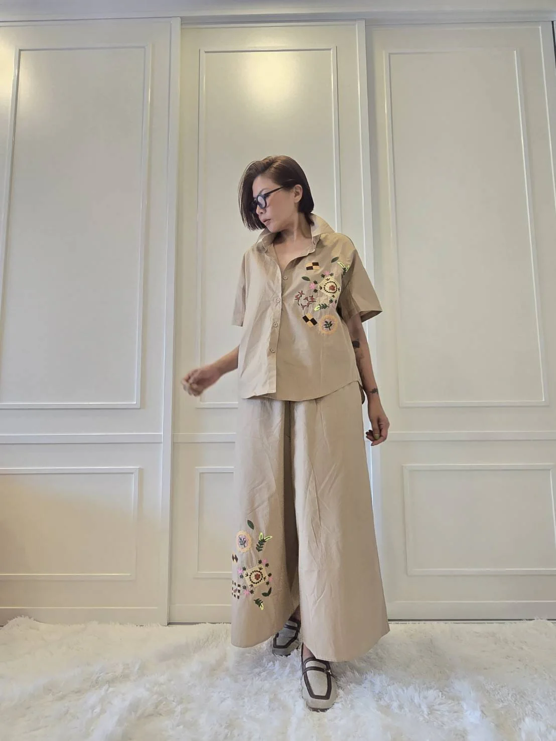 Beige Abstract Embroidered Cotton Co-ord Set - Image 2