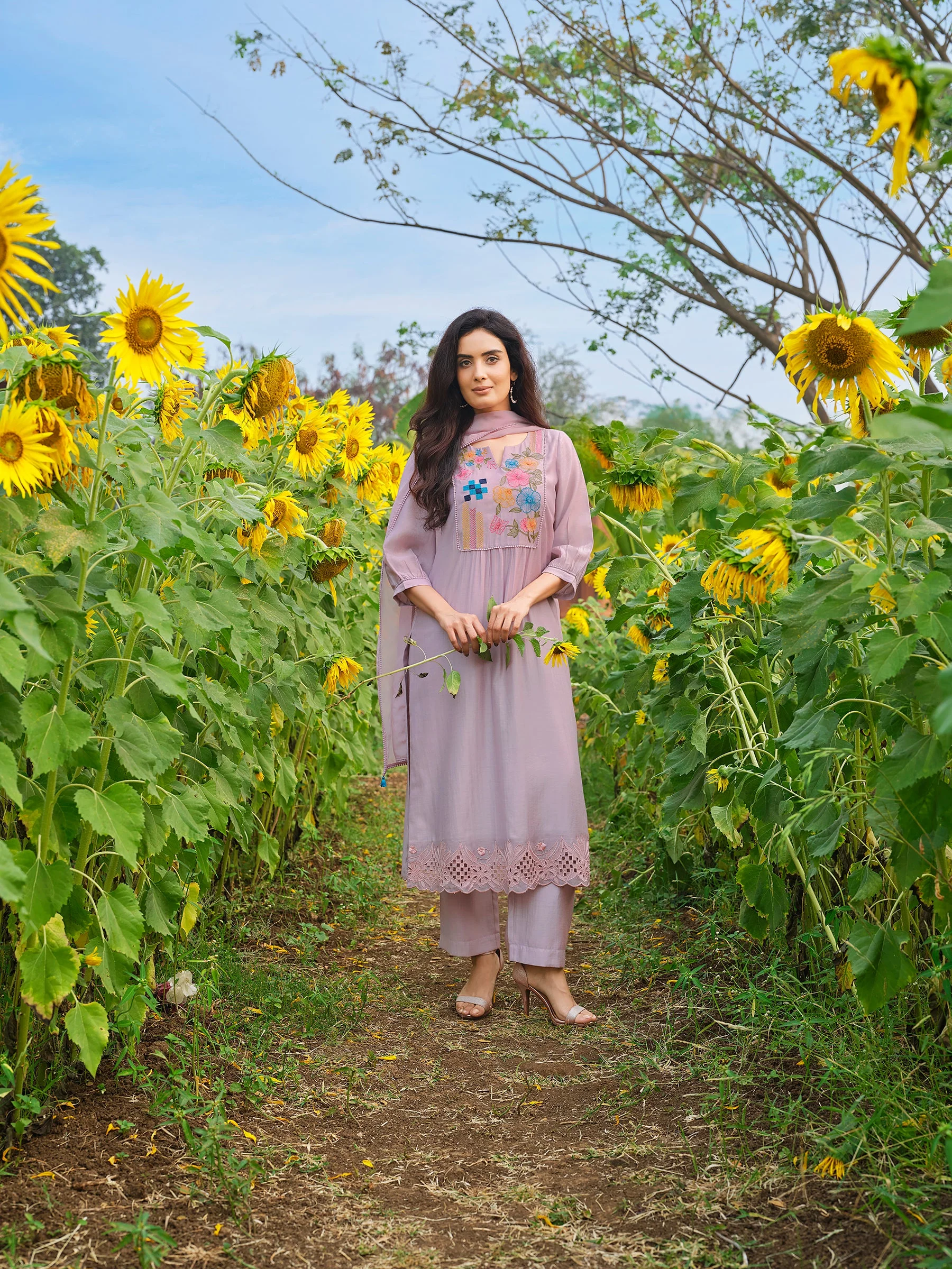 Dusty Purple Floral Embroidered Chanderi Silk Pant Set