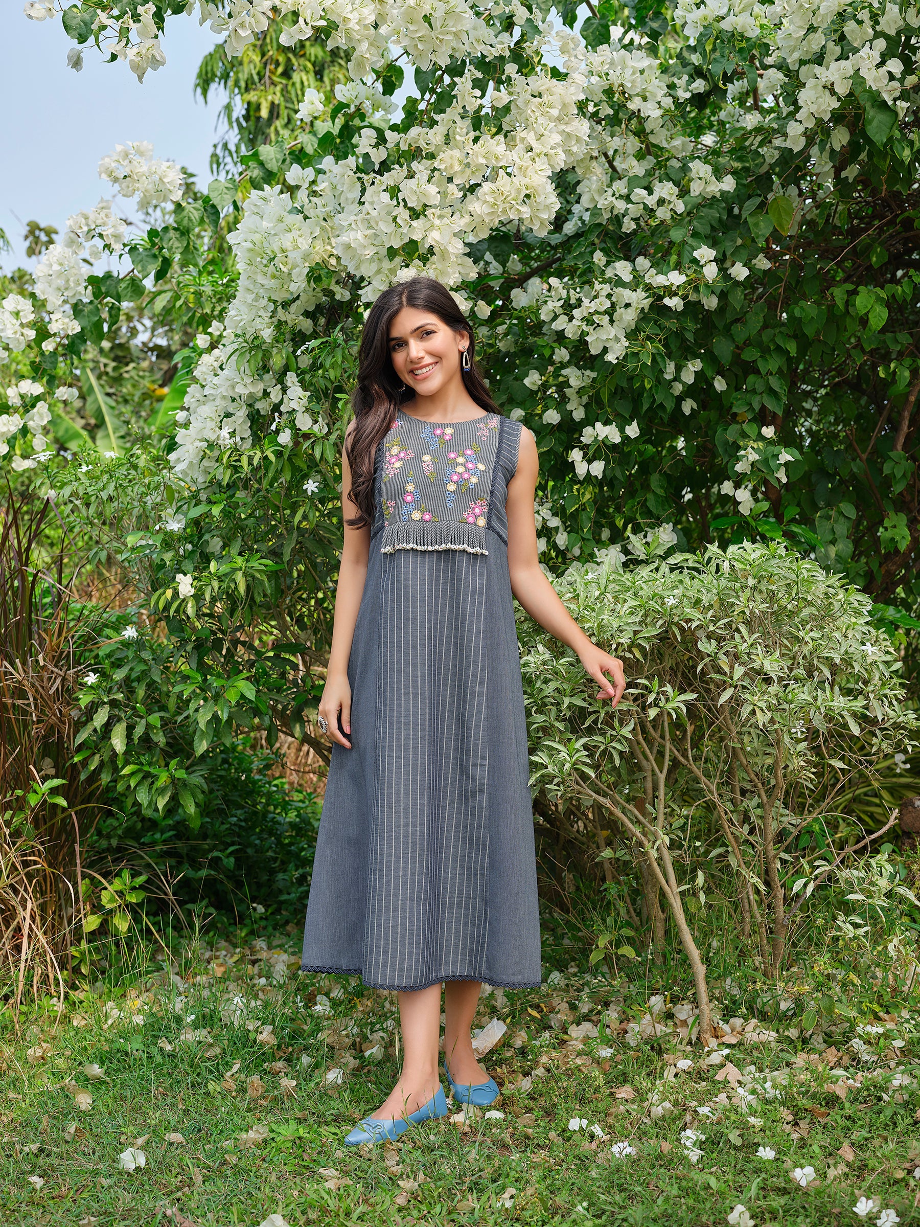 Steel Blue Floral Embroidered Cotton Dress