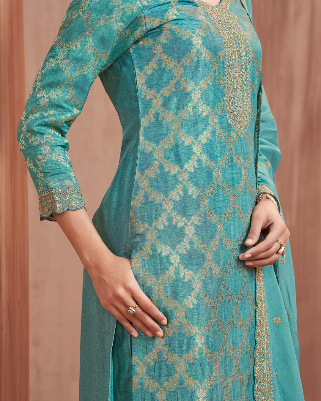 Aquamarine Glow Embellished Dola Silk Pant Set - Image 3