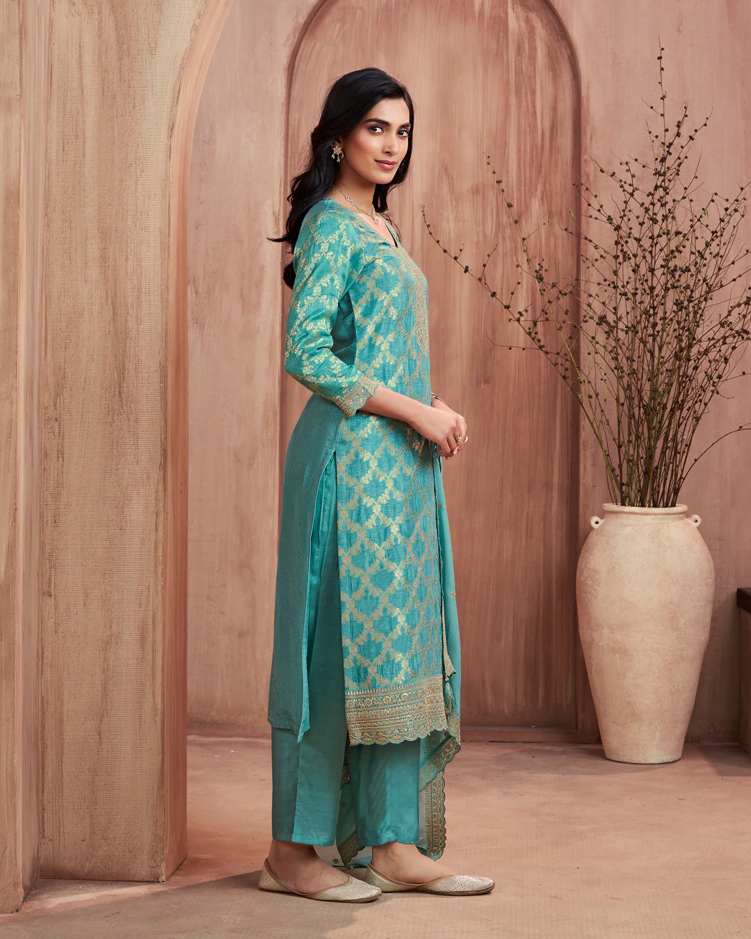 Aquamarine Glow Embellished Dola Silk Pant Set - Image 4