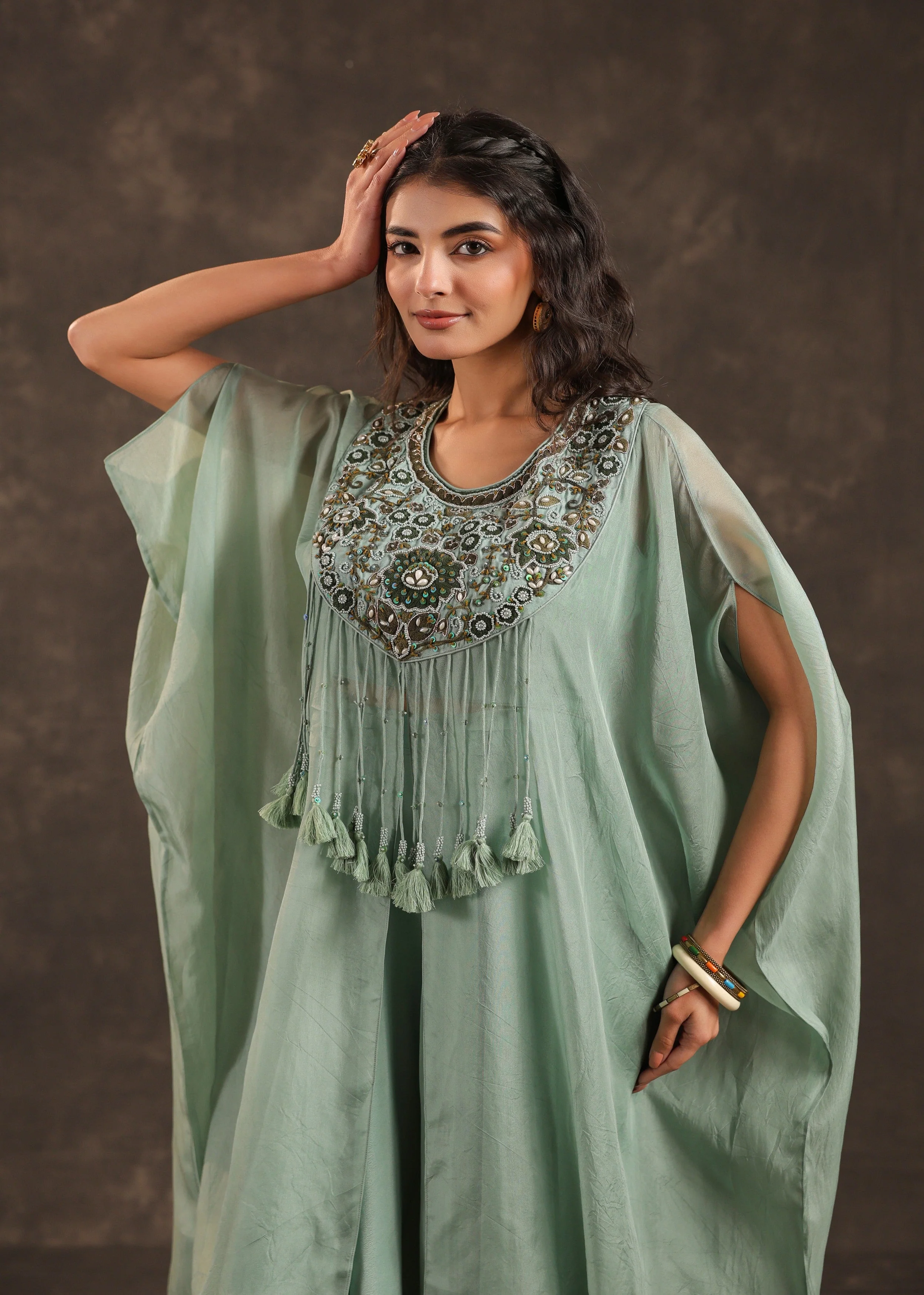 Sage Allure Embellished Organza Silk Palazzo Set - Image 2