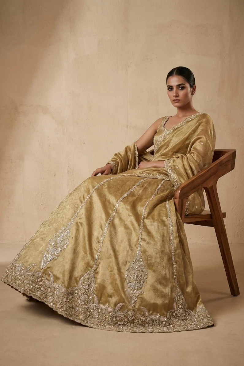 Amber Gold Embellished Tissue Silk Lehenga Set
