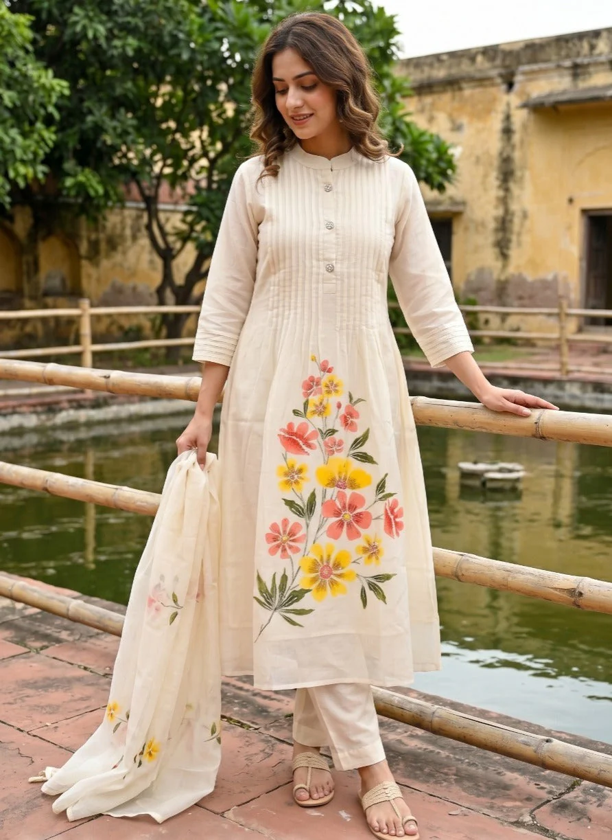 Ivory Printed Soft Organza Silk Anarkali Set - Image 3