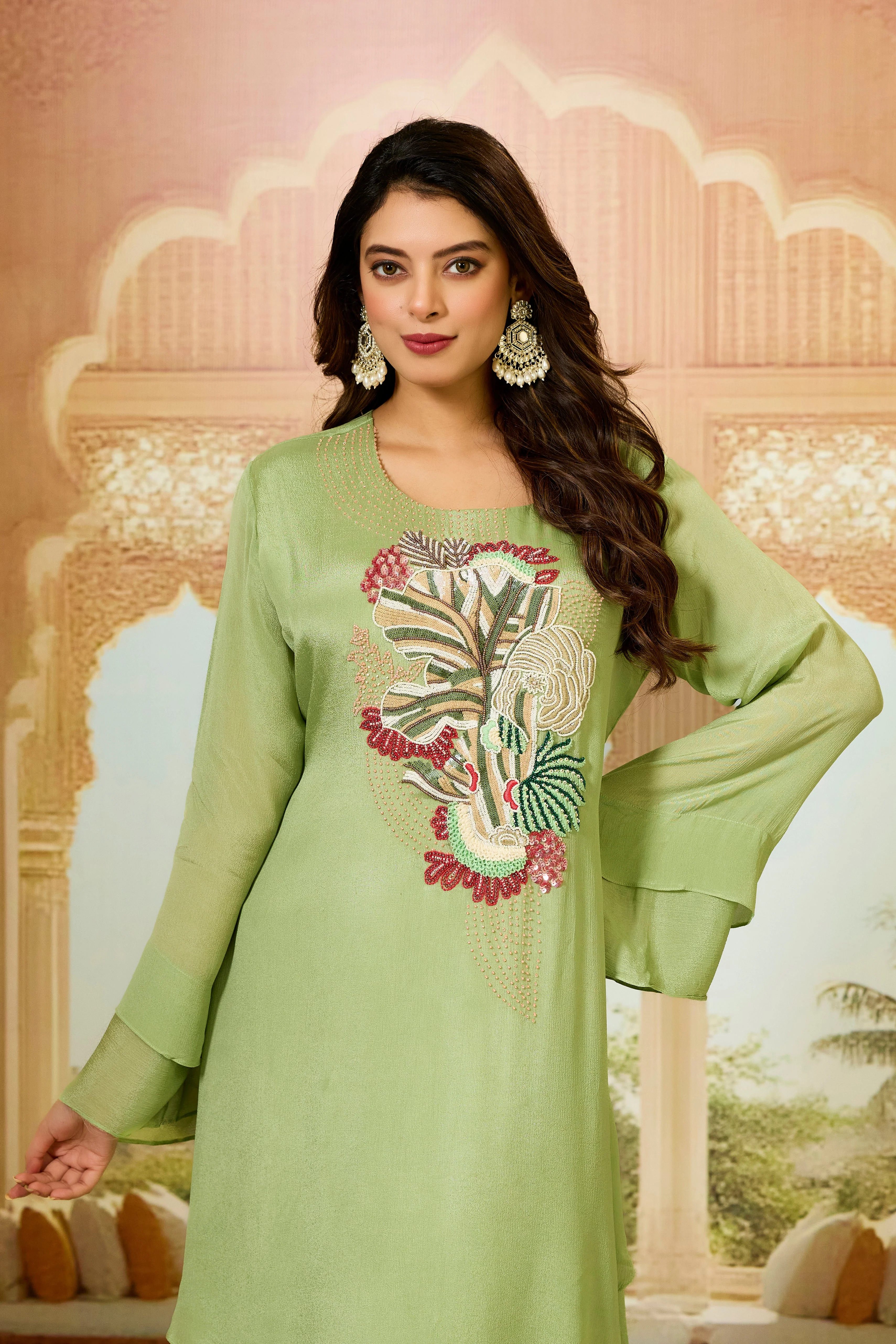 Green Asymmetrical Chinon Silk Dress - Image 2