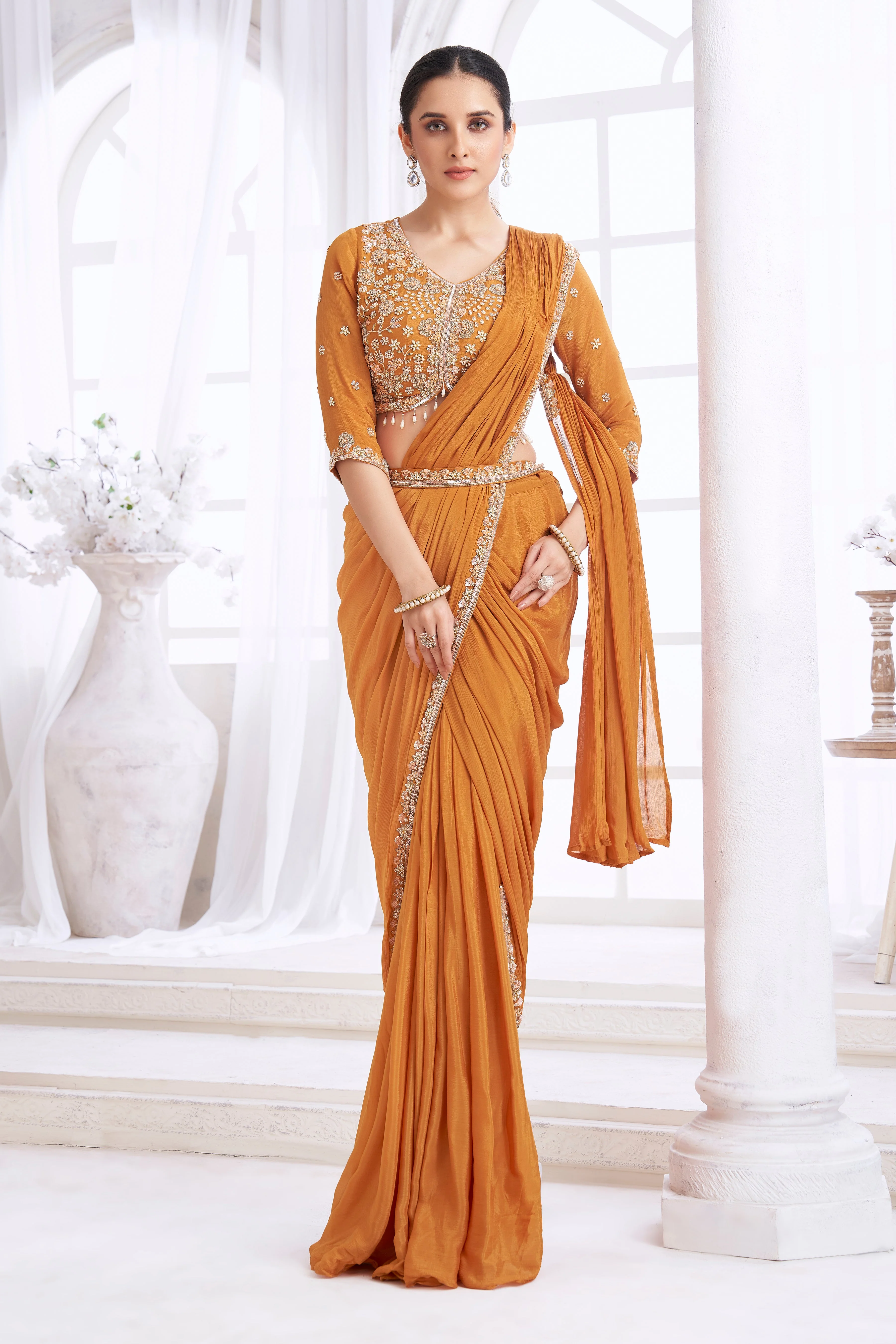 Deep Turmeric Embellished  Crepe Silk Drape Saree - Image 3