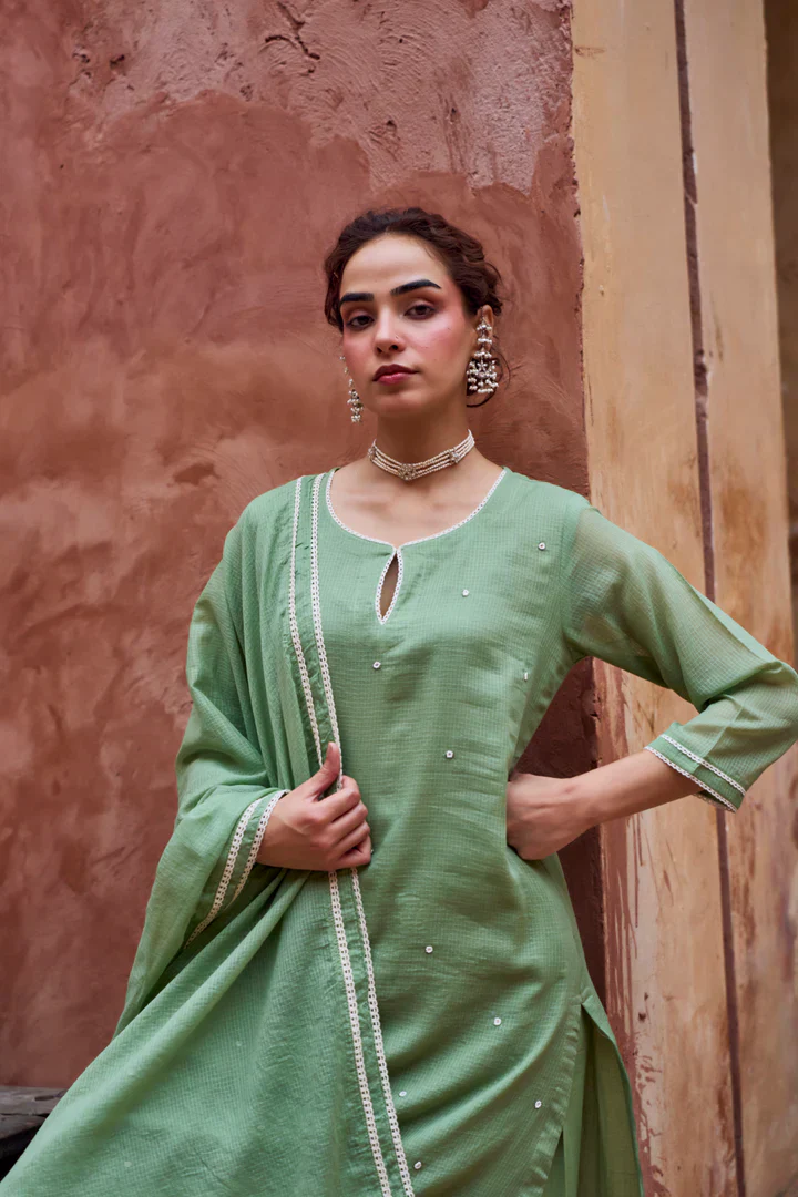 Sage Green Beaded Kota Doria Pant Set - Image 2