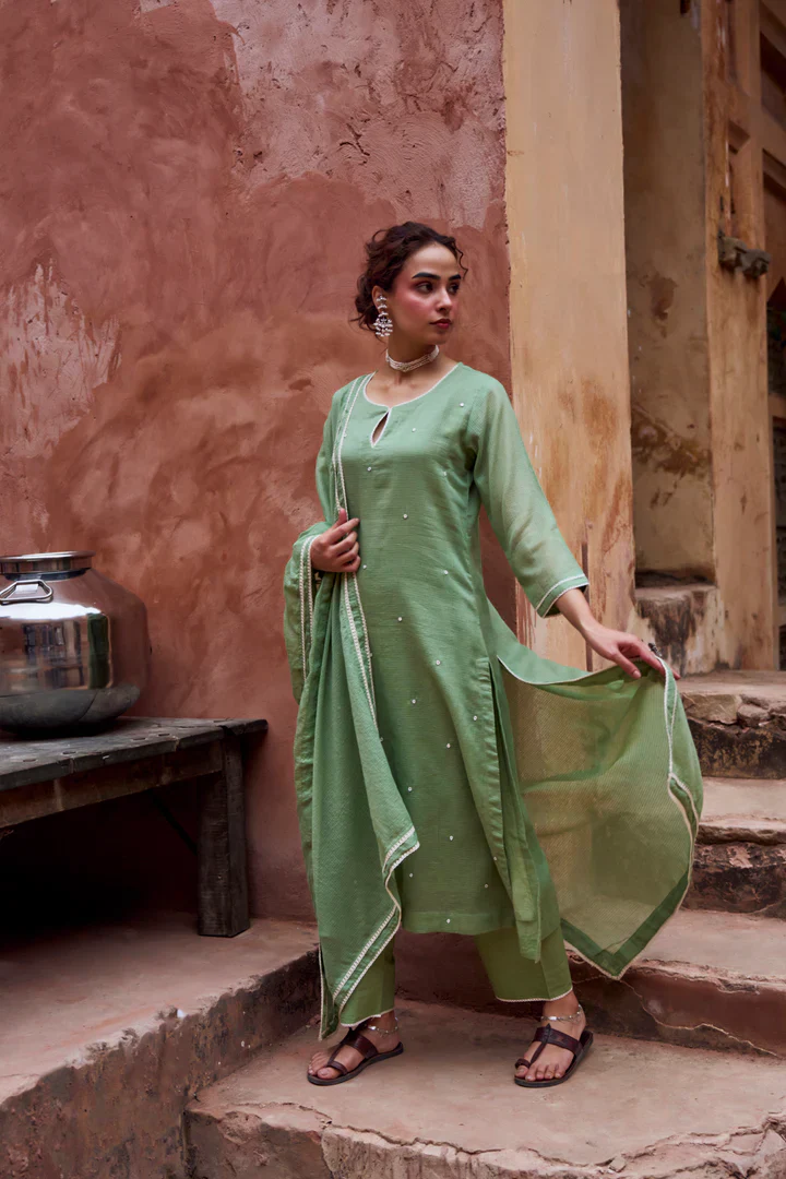 Sage Green Beaded Kota Doria Pant Set - Image 3