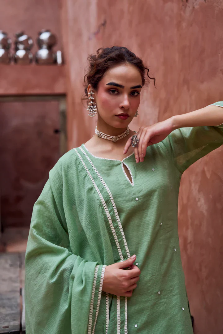 Sage Green Beaded Kota Doria Pant Set - Image 5