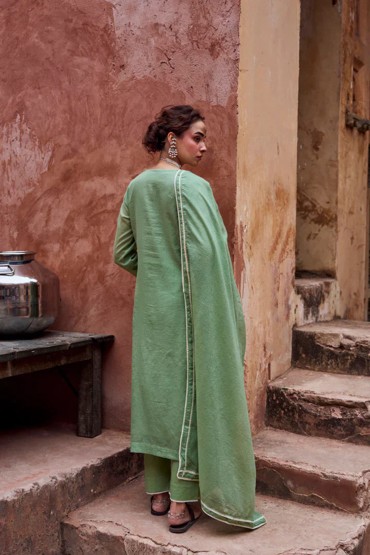 Sage Green Beaded Kota Doria Pant Set - Image 6