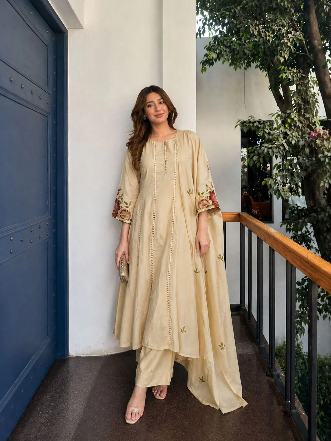 Beige Embroidered Cotton Pant Set