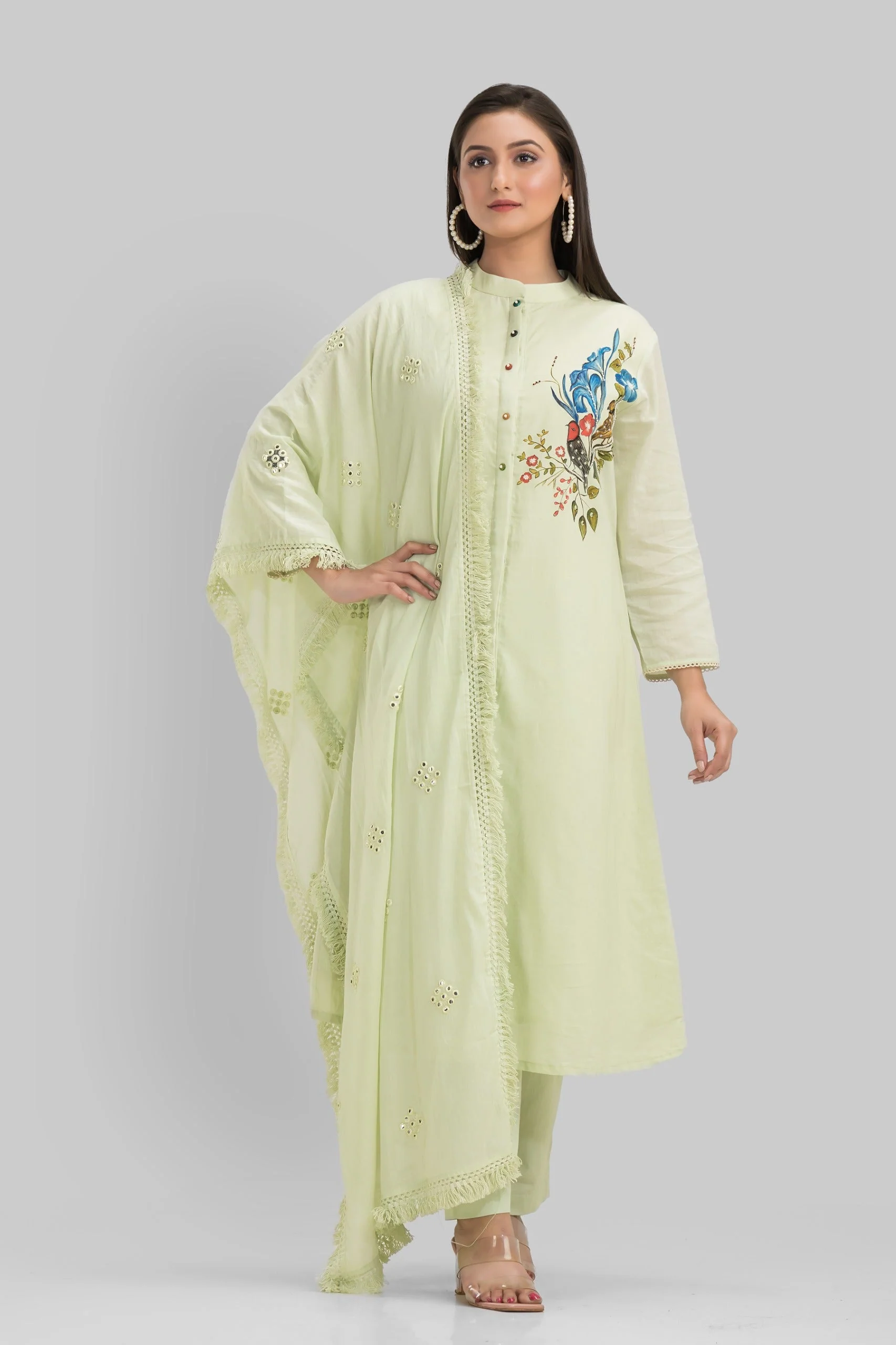 Mint Green Hand Painted Organic Cotton Kurta Pants Set - Image 2