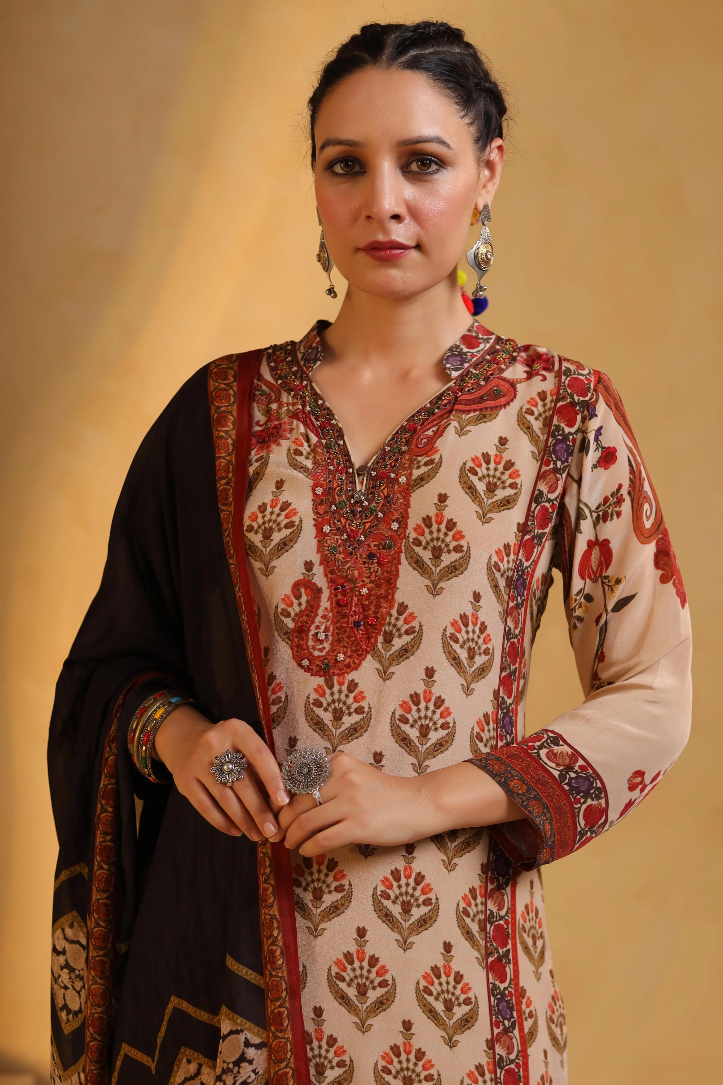 Beige Printed Viscose Crepe Pant Set - Image 2
