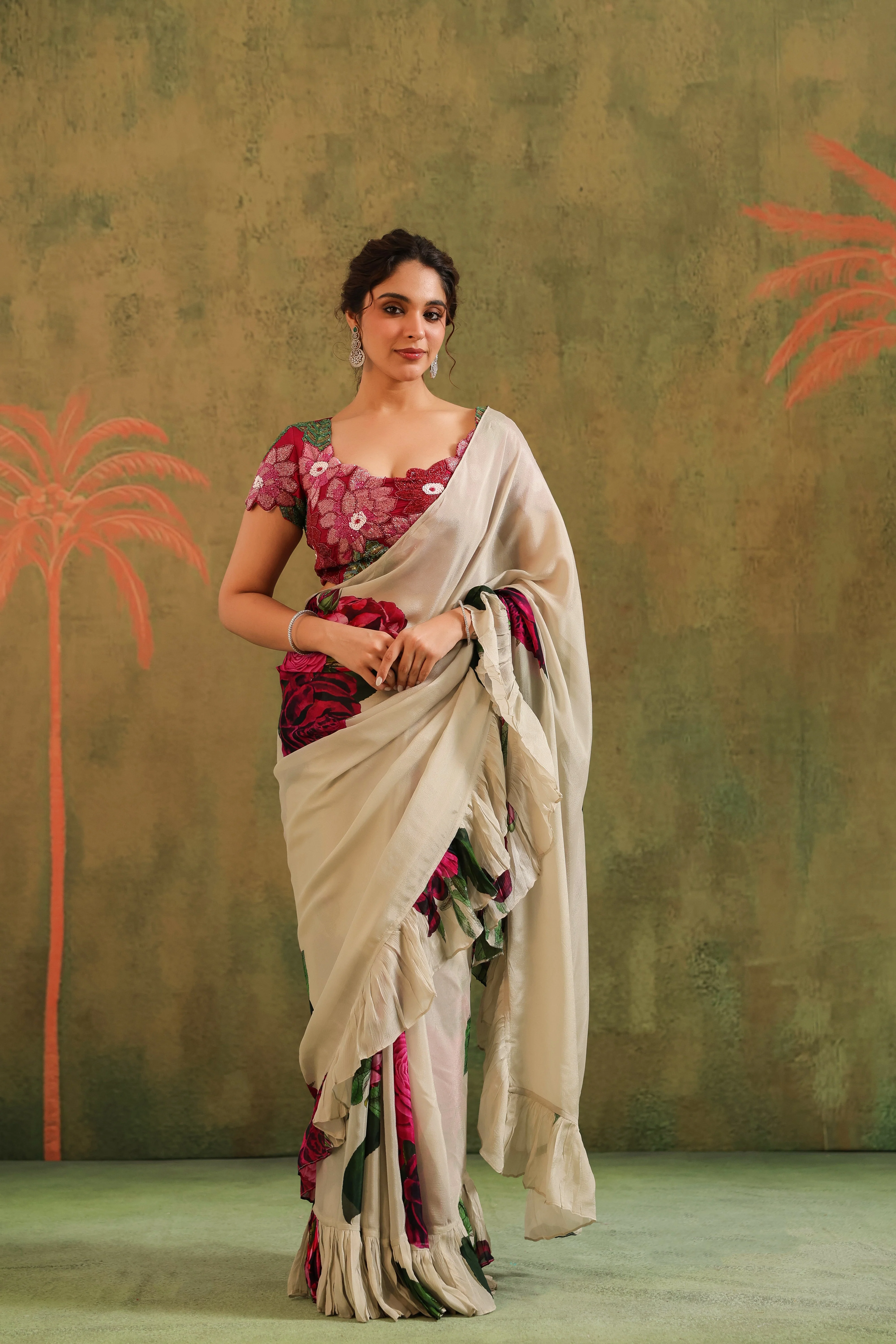 Beige Floral Printed Chinon Silk Saree