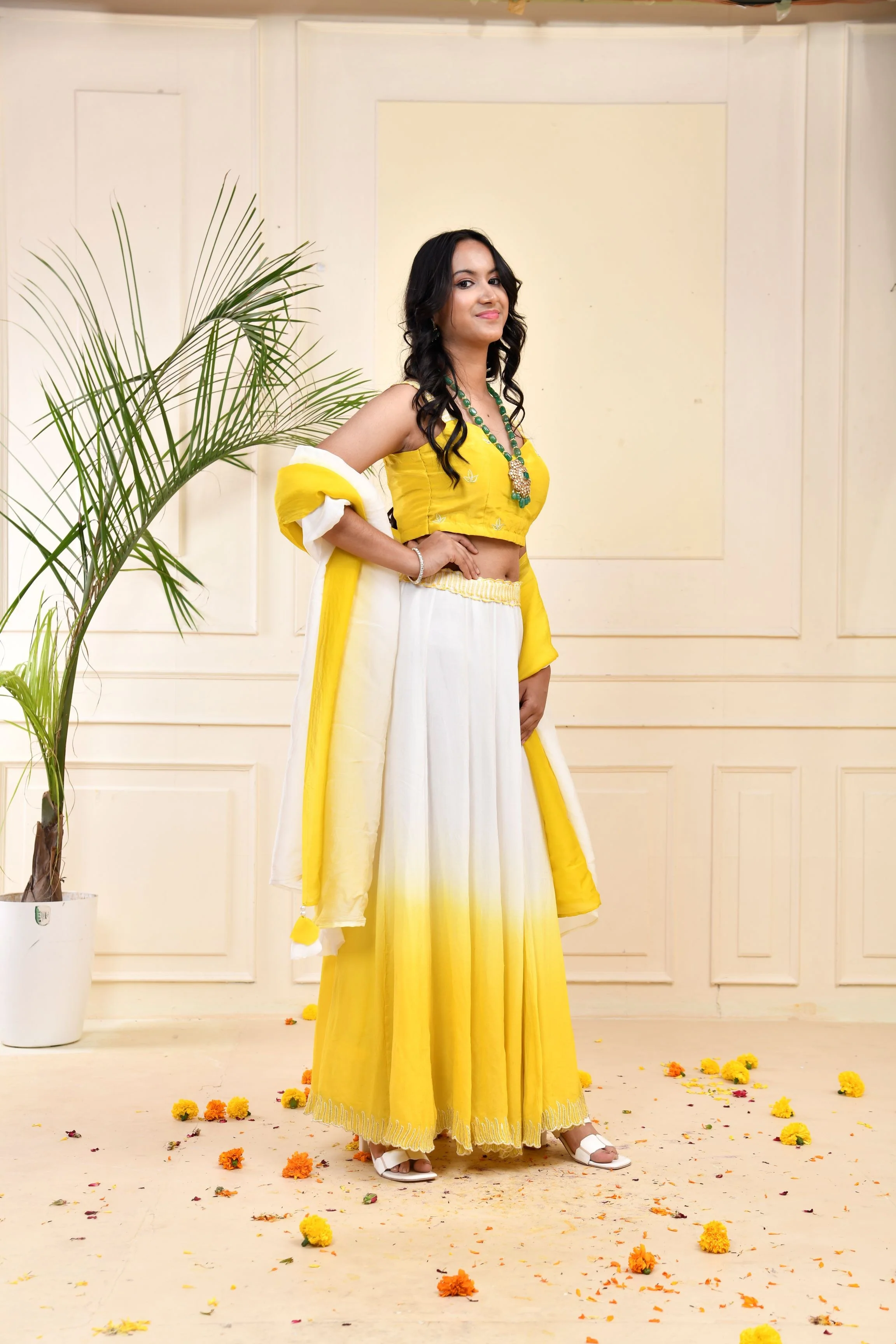 Yellow Ombre-Dyed Georgette Silk Lehenga Set - Image 2