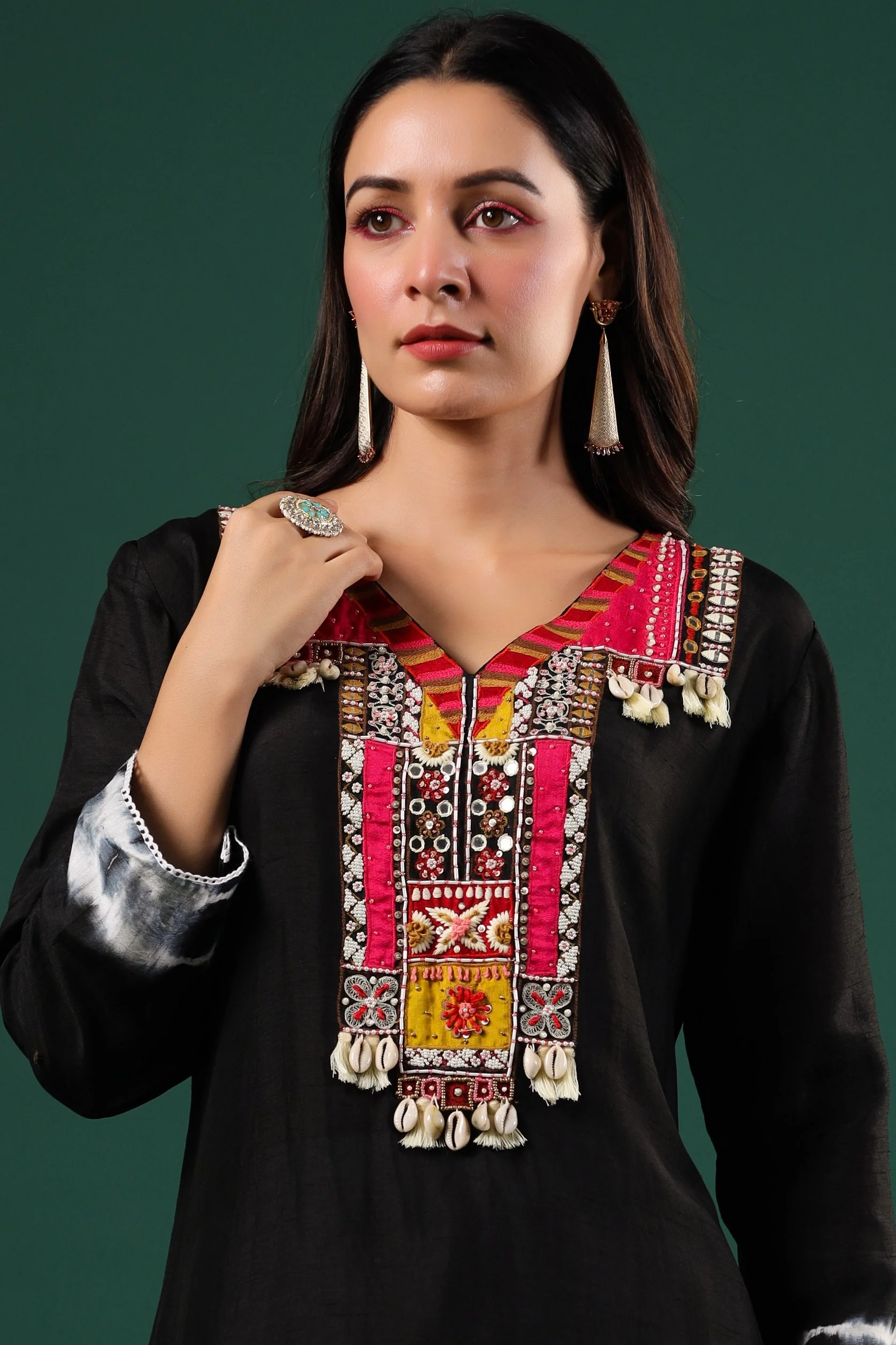 Black Embellished Dola Silk Pants Set - Image 2