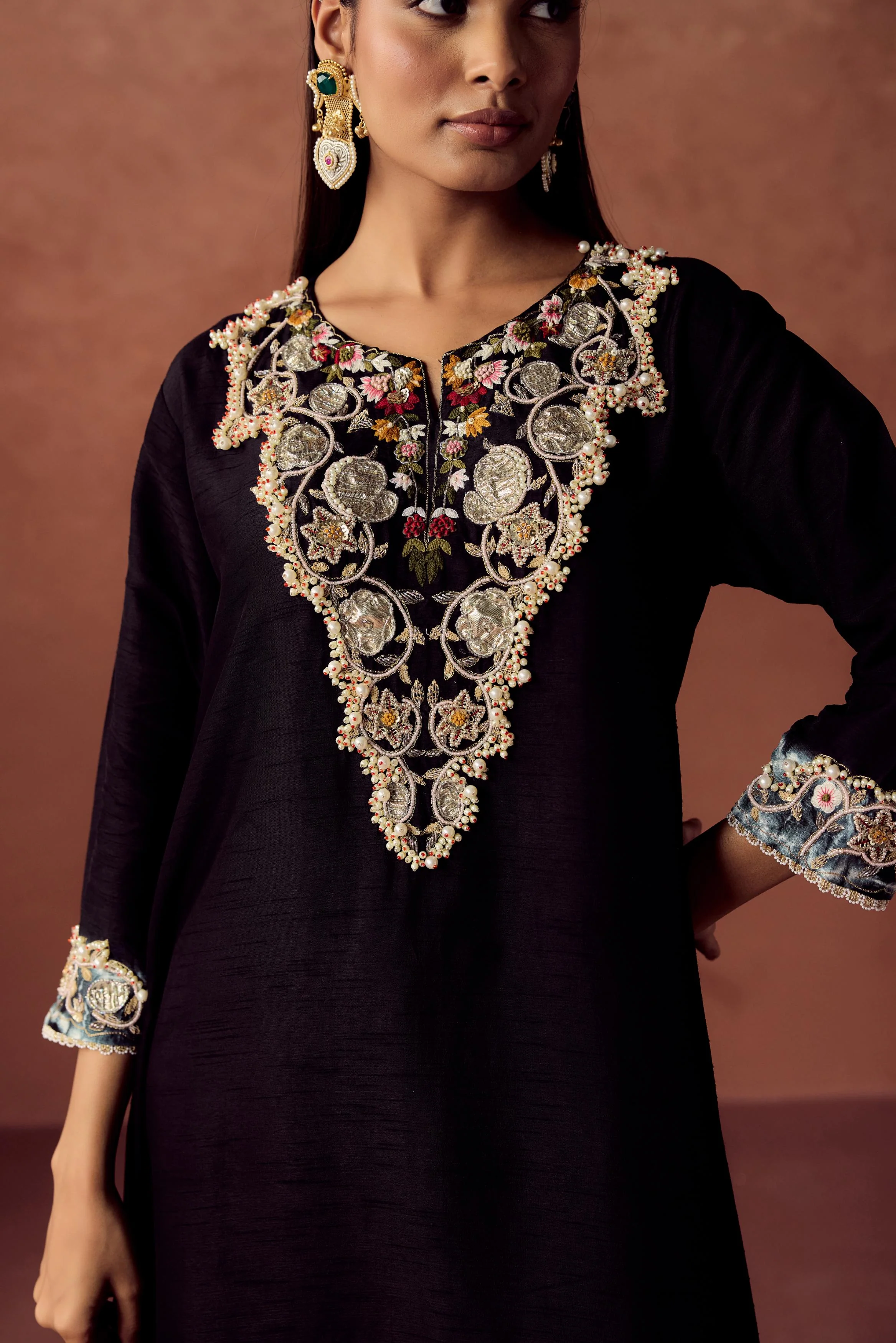 Black Embellished Raw Silk Kurta Set - Image 2