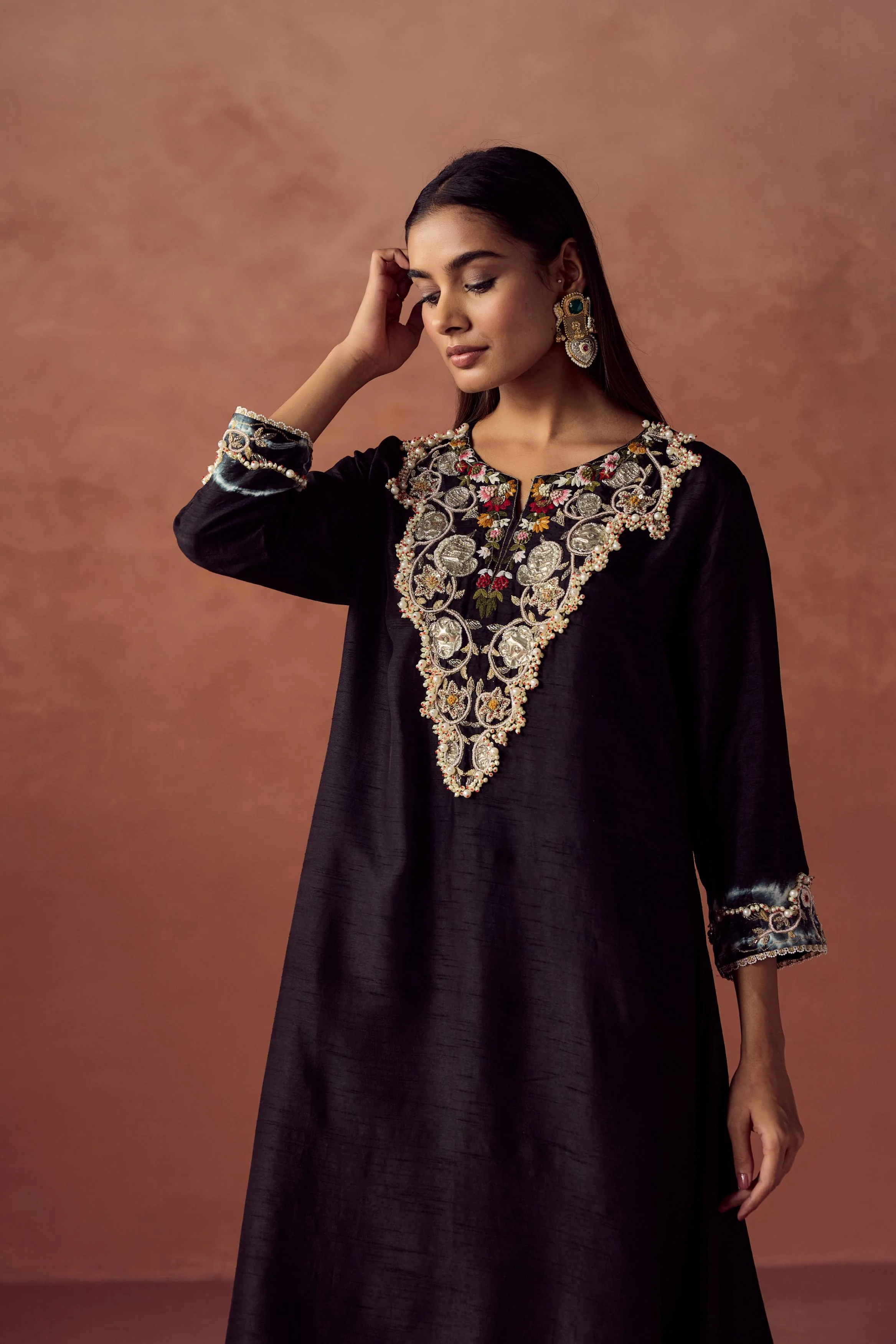 Black Embellished Raw Silk Kurta Set - Image 5