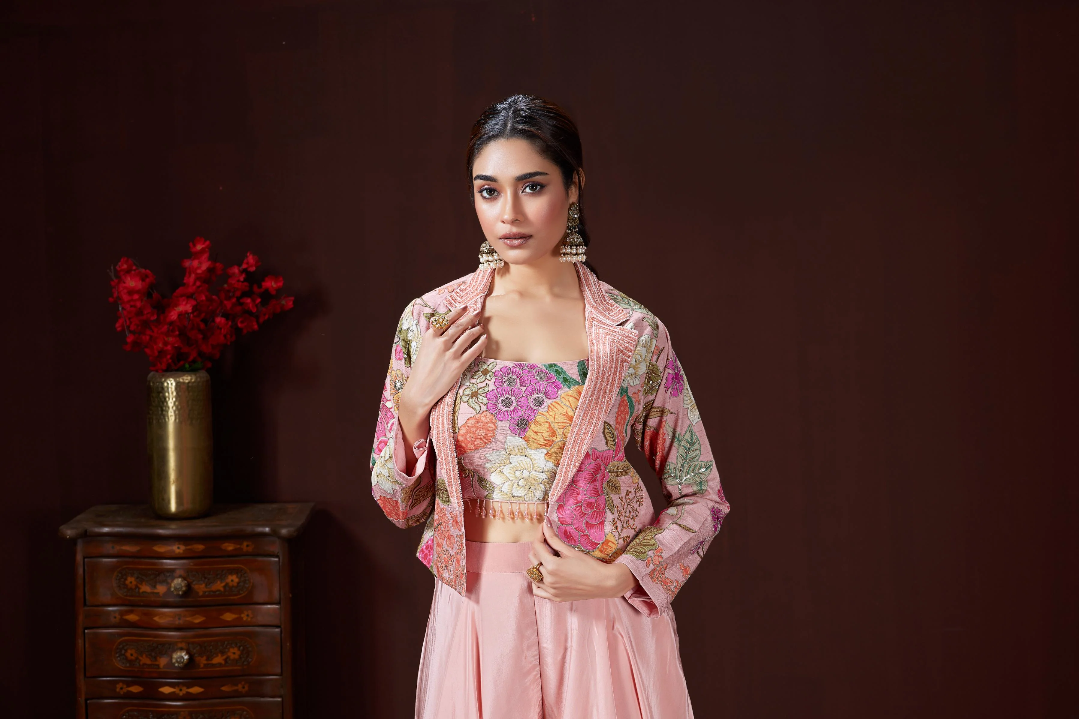 Blush Pink Embellished Satin Silk Jacket Set - Image 2