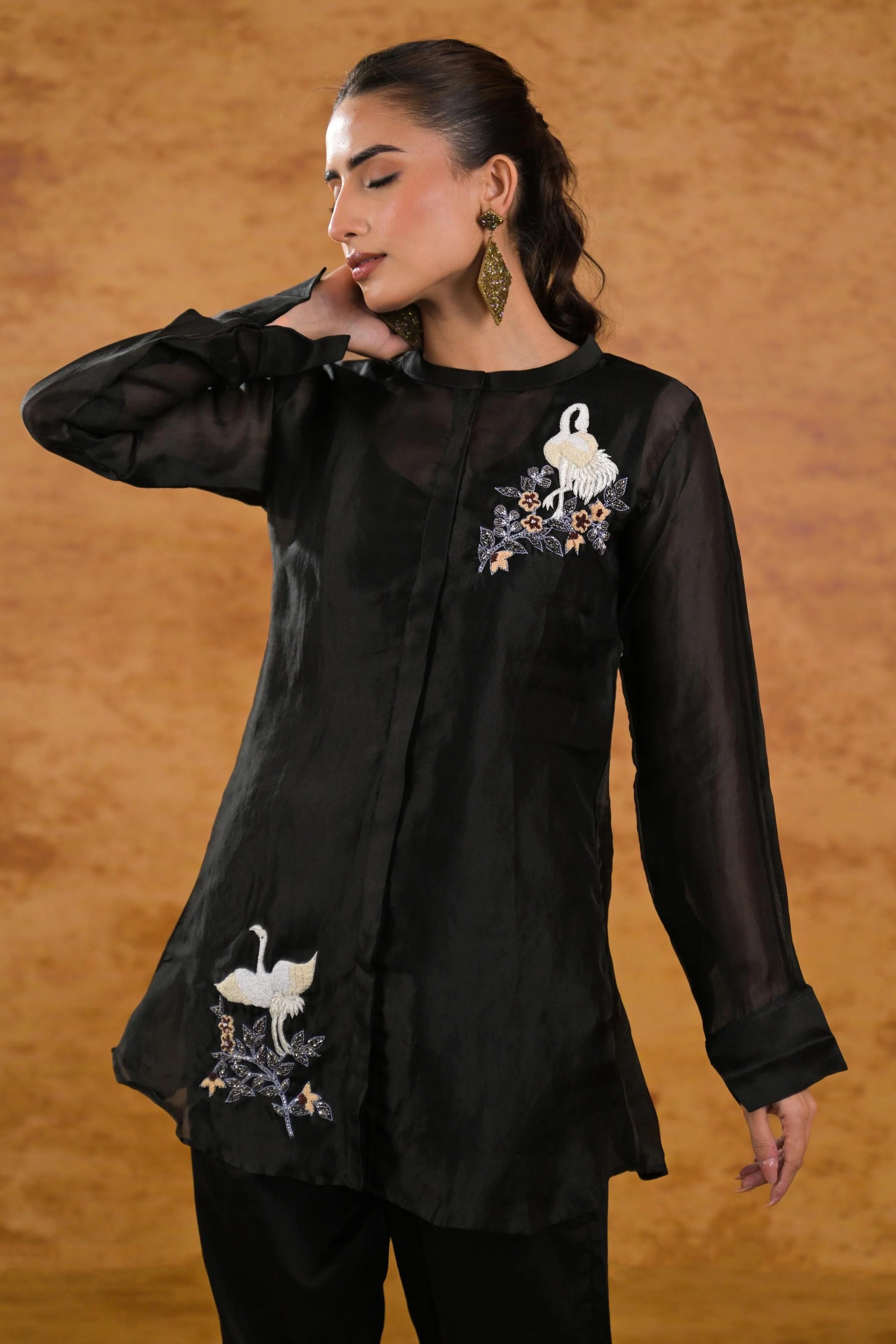 Black Embroidered Organza Silk Co-Ord Set - Image 2