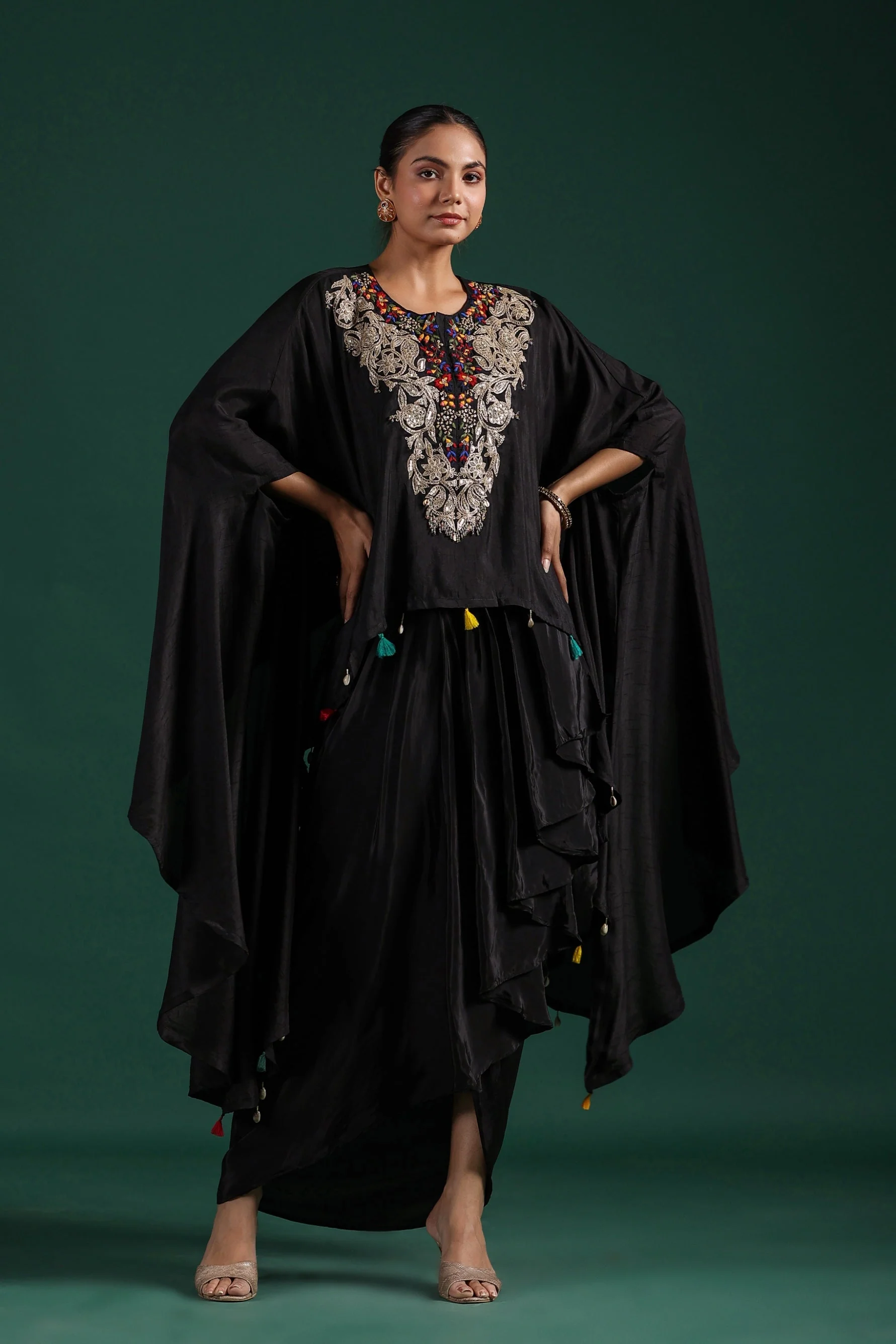 Black Embroidered Raw Silk Draped Skirt Set - Image 6