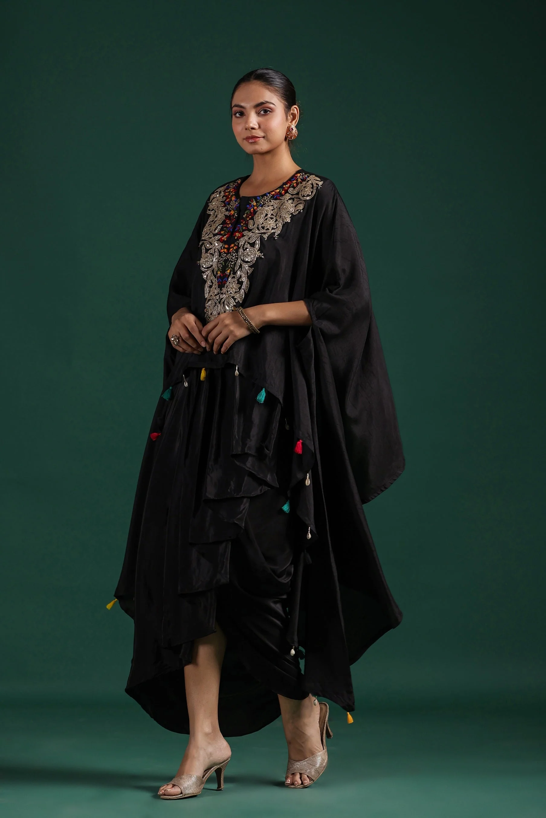 Black Embroidered Raw Silk Skirt Set - Image 4