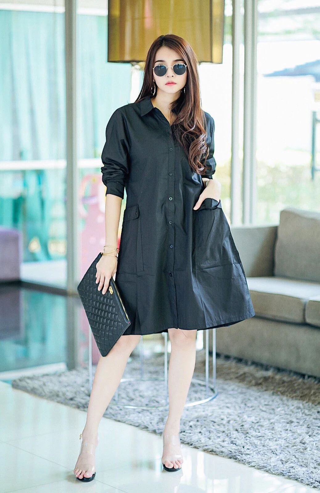 Black Lace-Up Back Cotton Shirt Dress