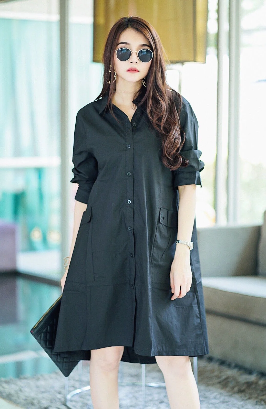 Black Lace-Up Back Cotton Shirt Dress - Image 2