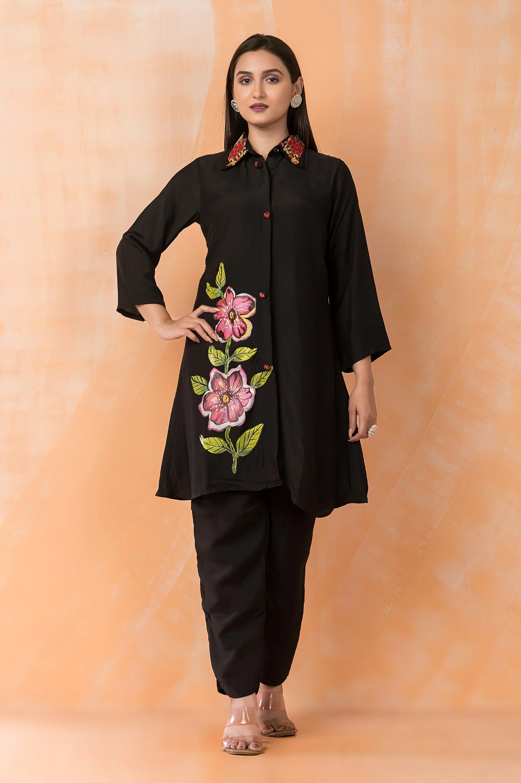 Jet Black Floral Motif Cotton Co-Ord Set