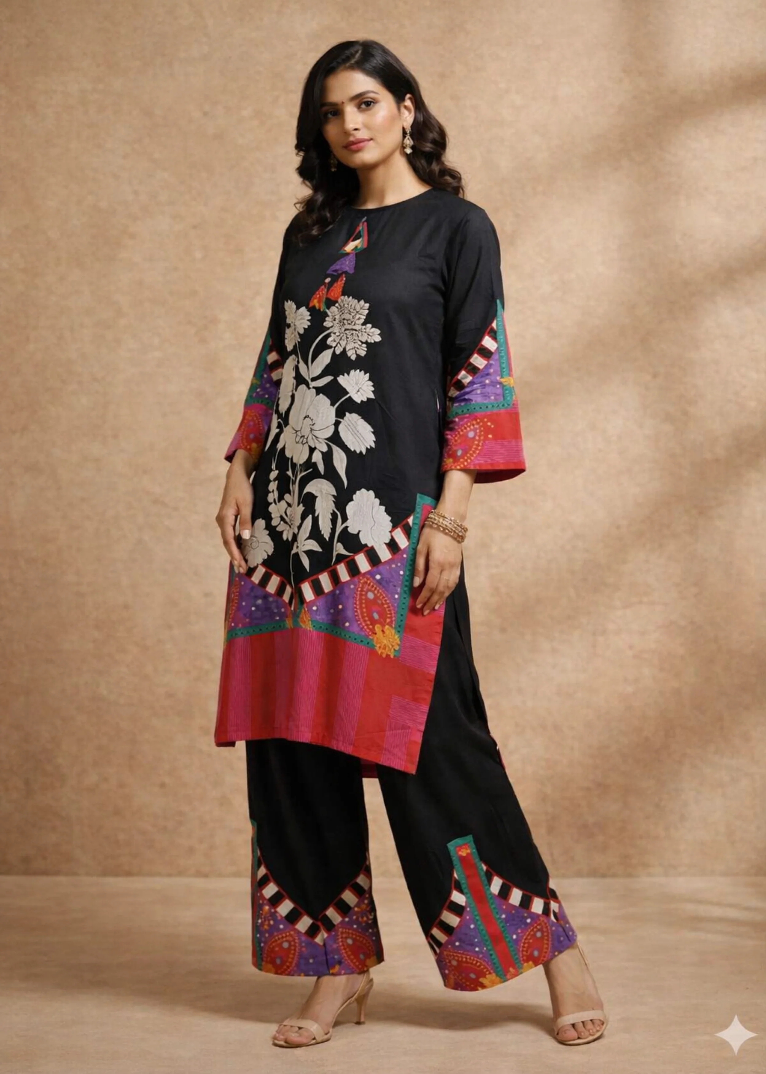 Noir Black Printed Muslin Silk Kurta Set