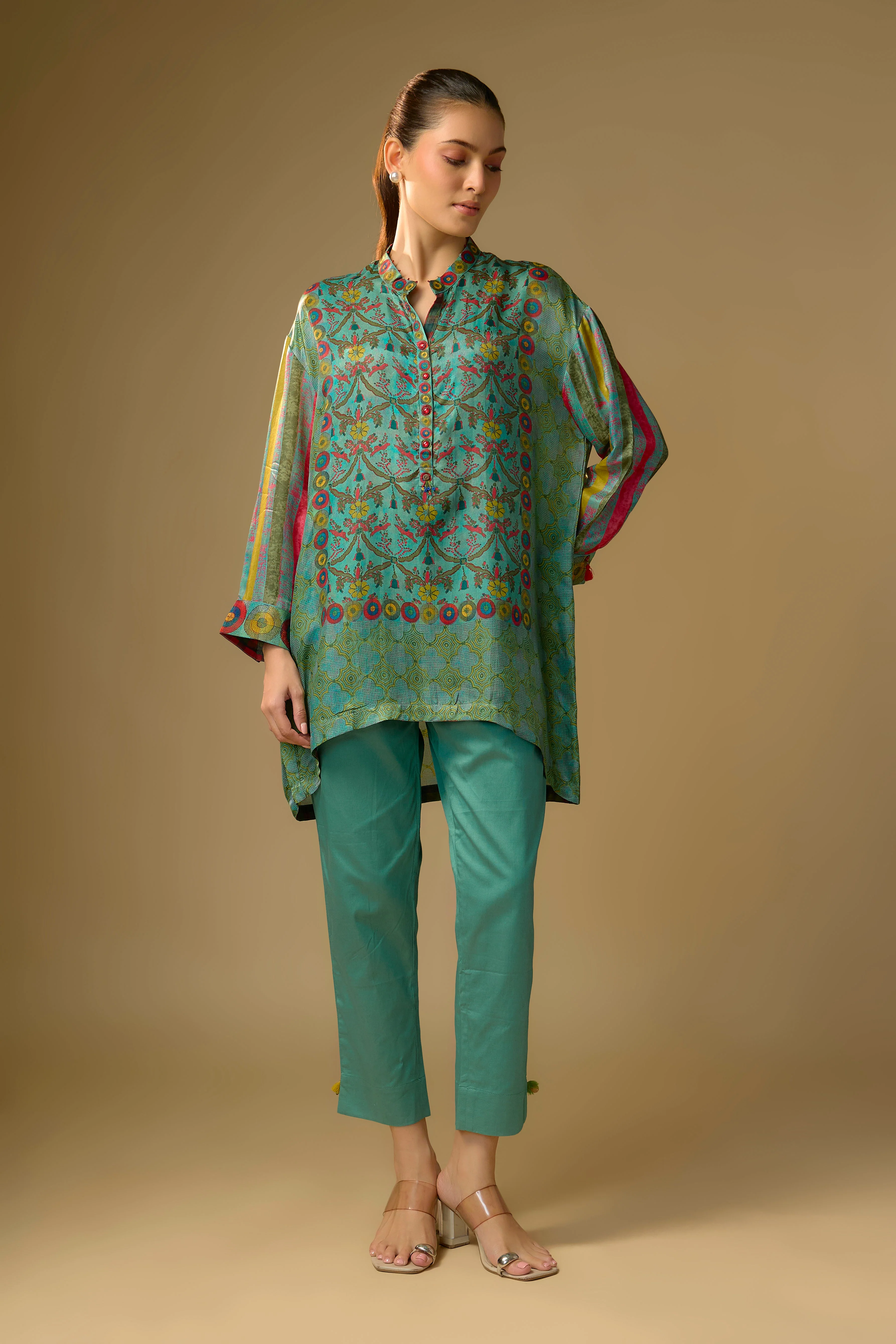 English Blue Printed Slub Cotton Silk Tunic Top