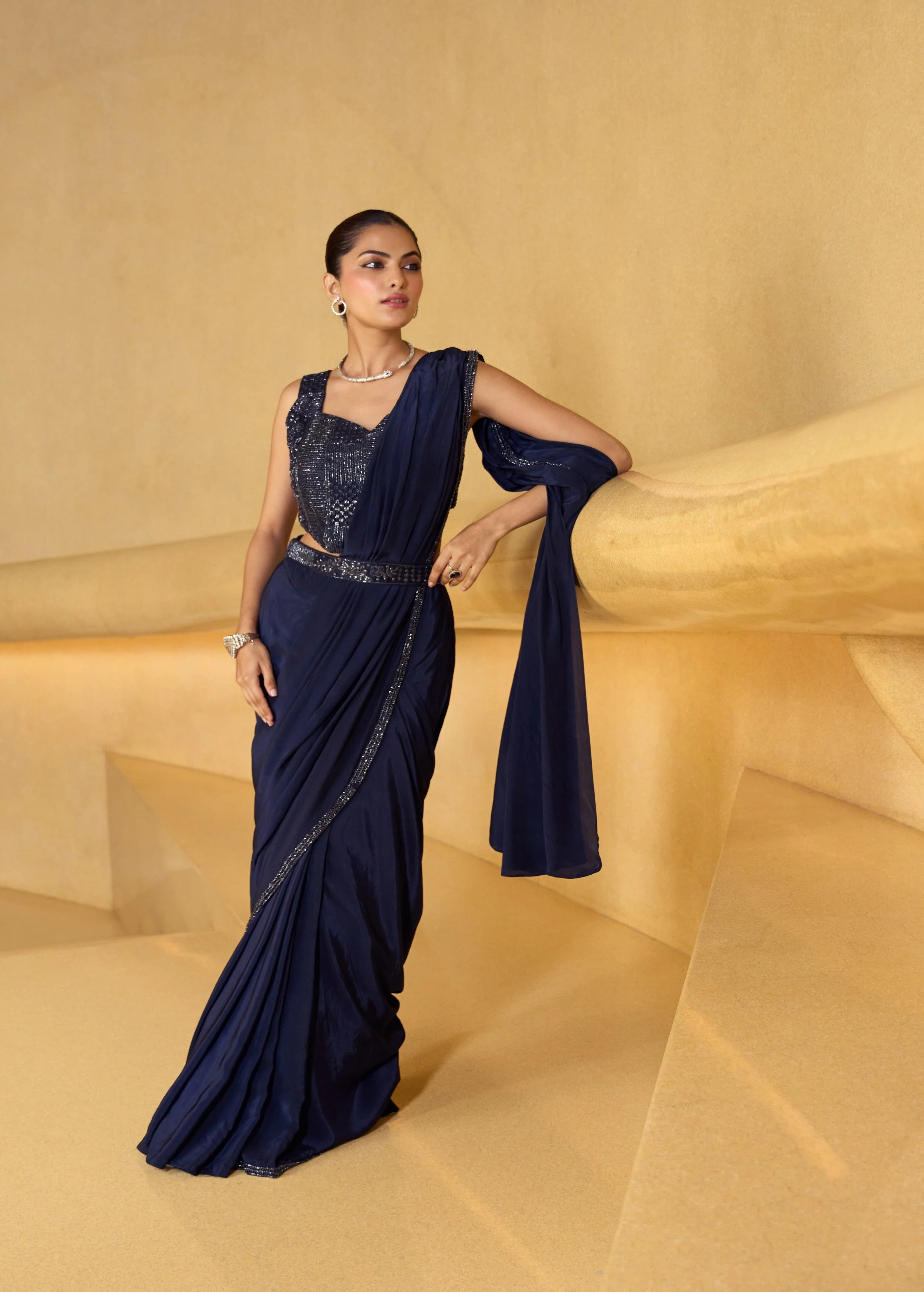 Midnight Embellished Modal Silk Draped Saree - Image 3