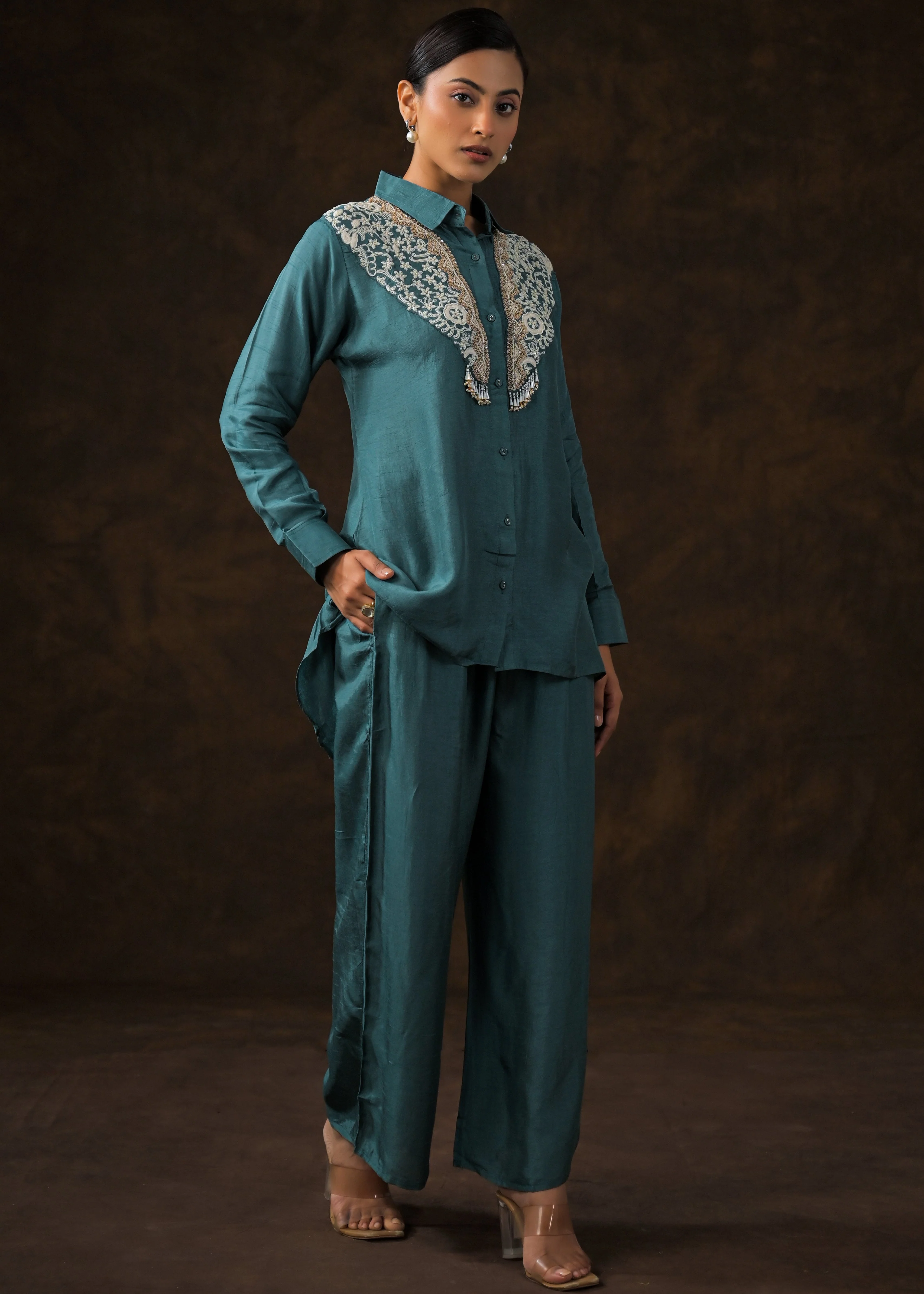 Emerald Teal Embroidered Raw Silk Co-Ord Set
