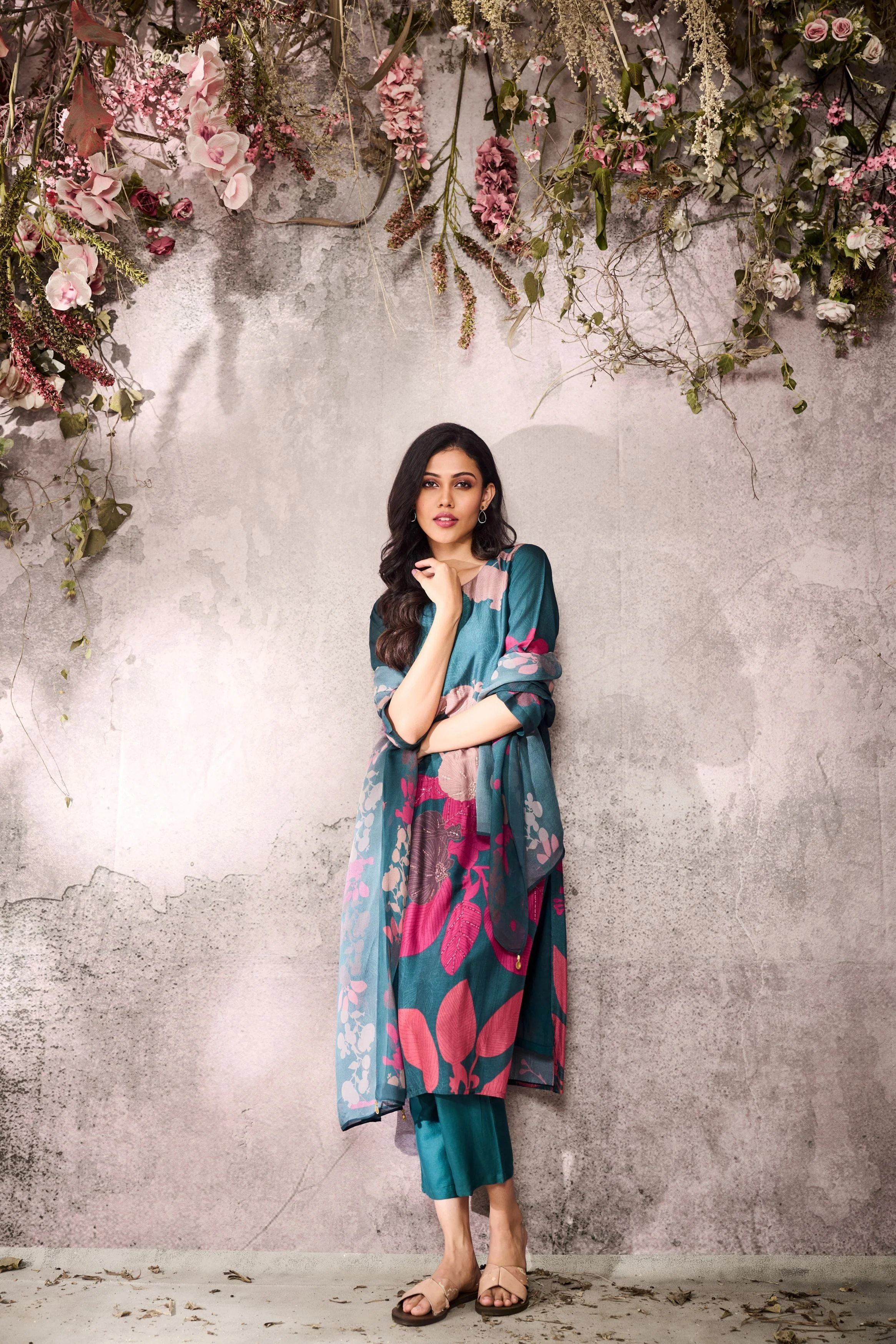 Teal Blue Printed Tussar Silk Pants Set - Image 3
