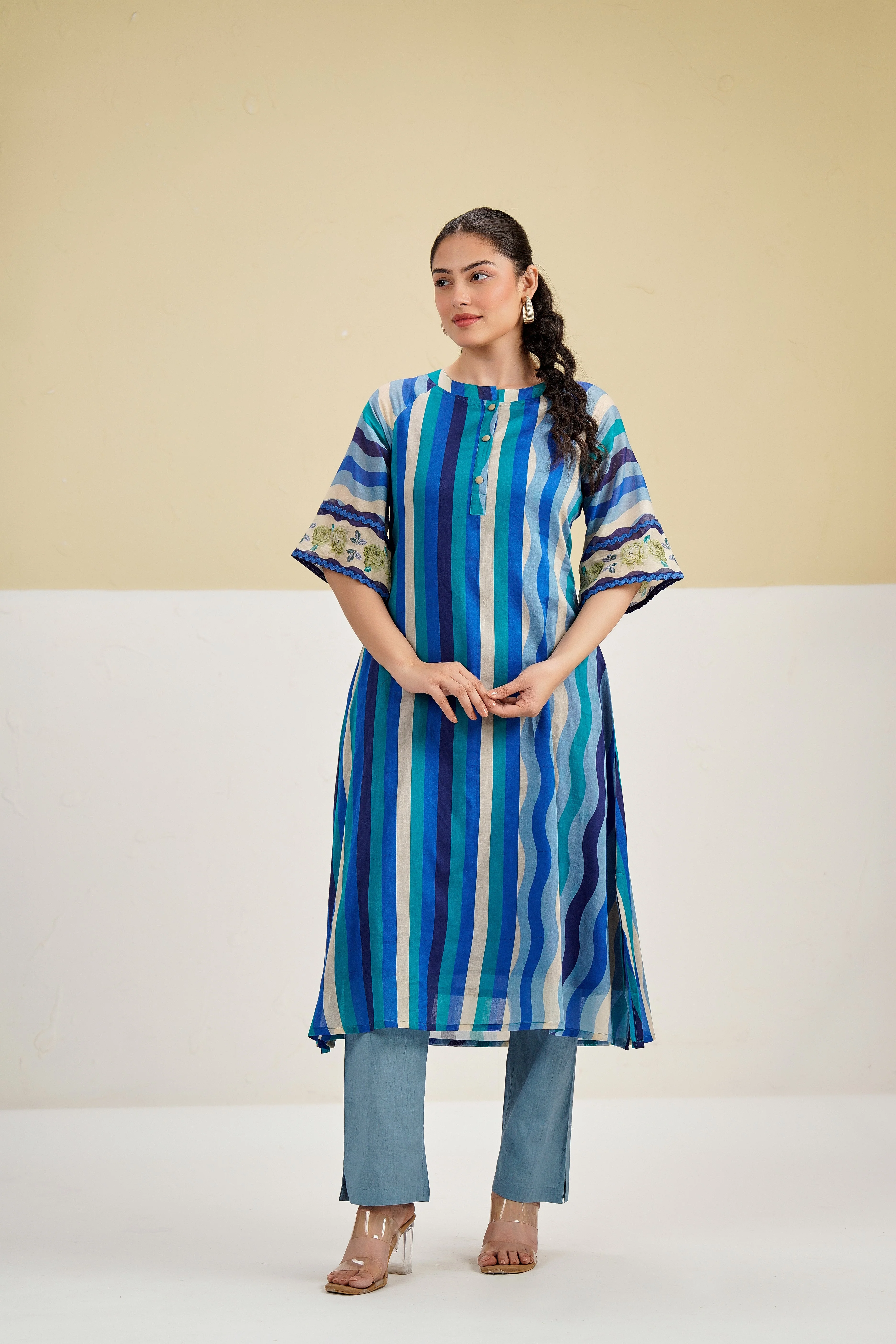 Blue Stripe Printed Cotton Kurta Set