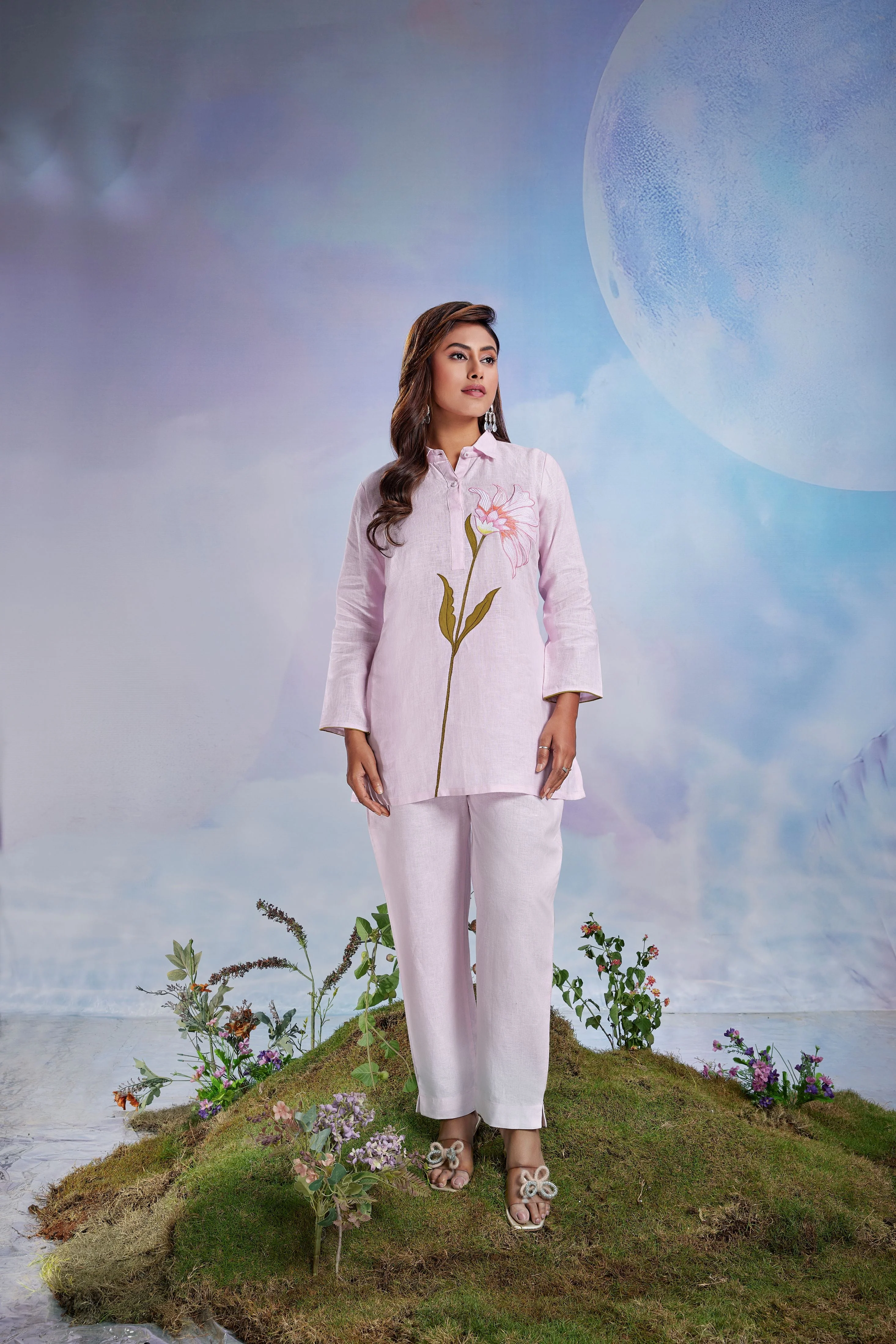 Blush Petal Embroidered Linen Co-Ord Set