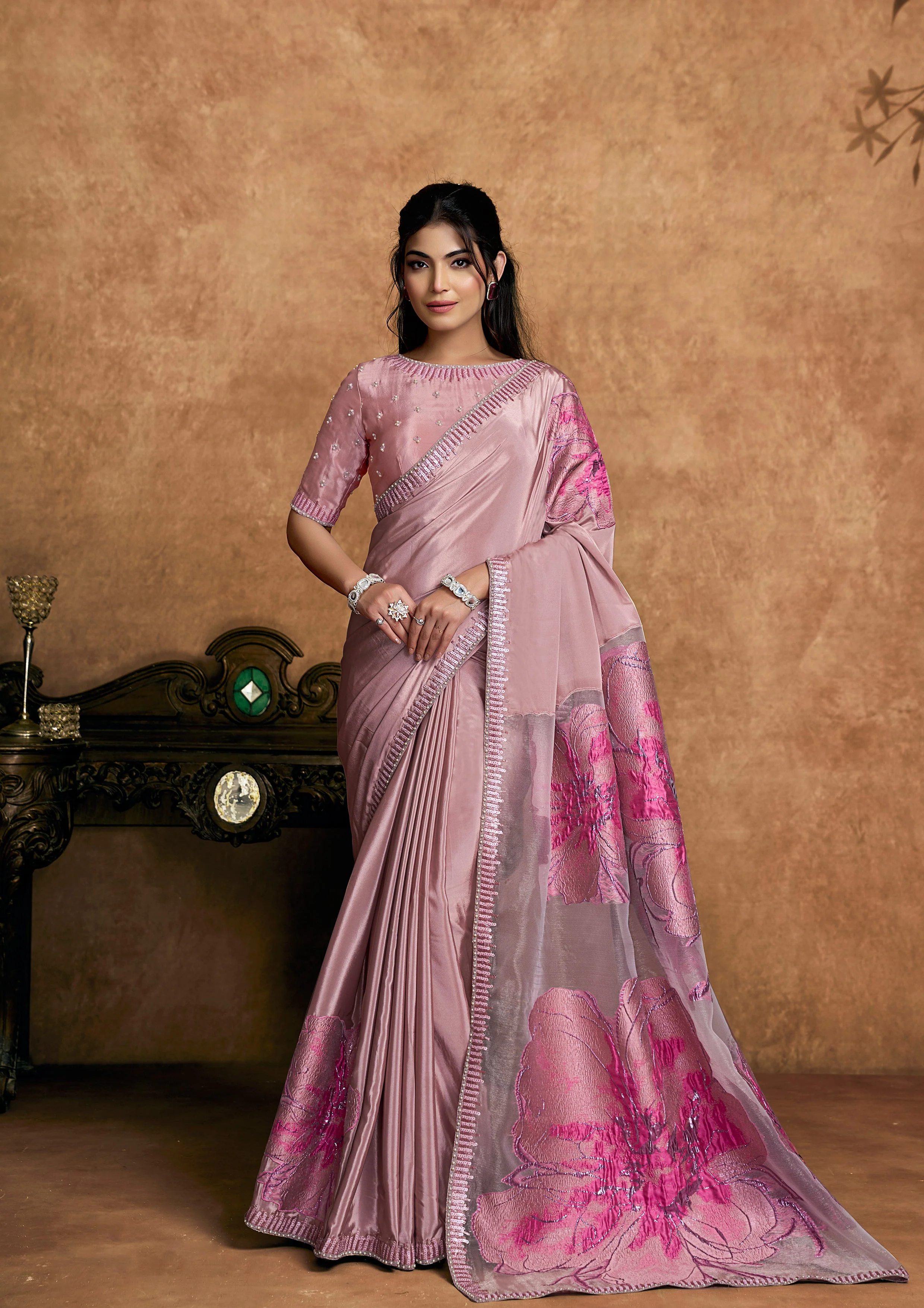 Blush Pink Embellished Satin Silk Saree
