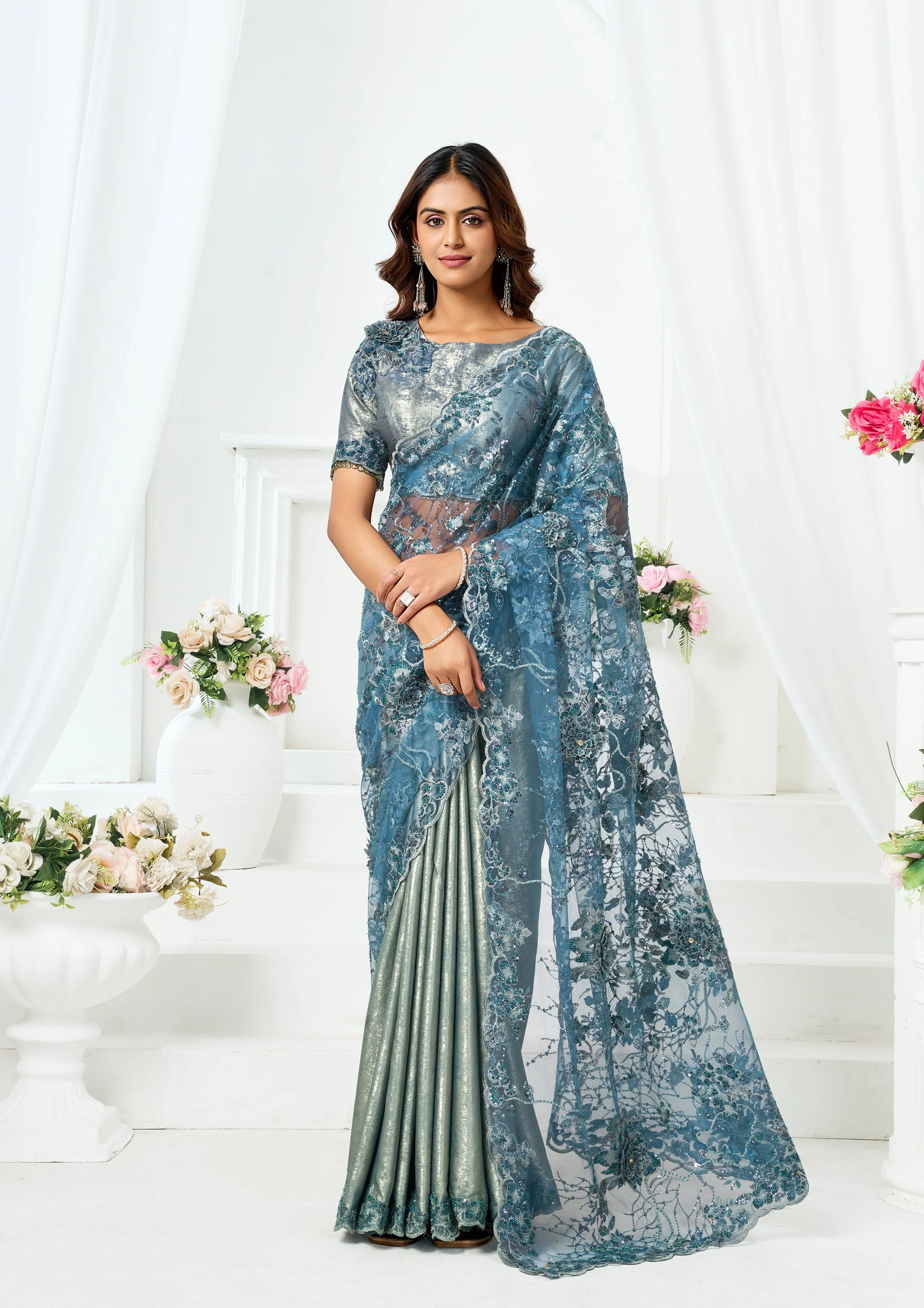 Metallic Grey Embellished Metallic Satin Silk  Saree