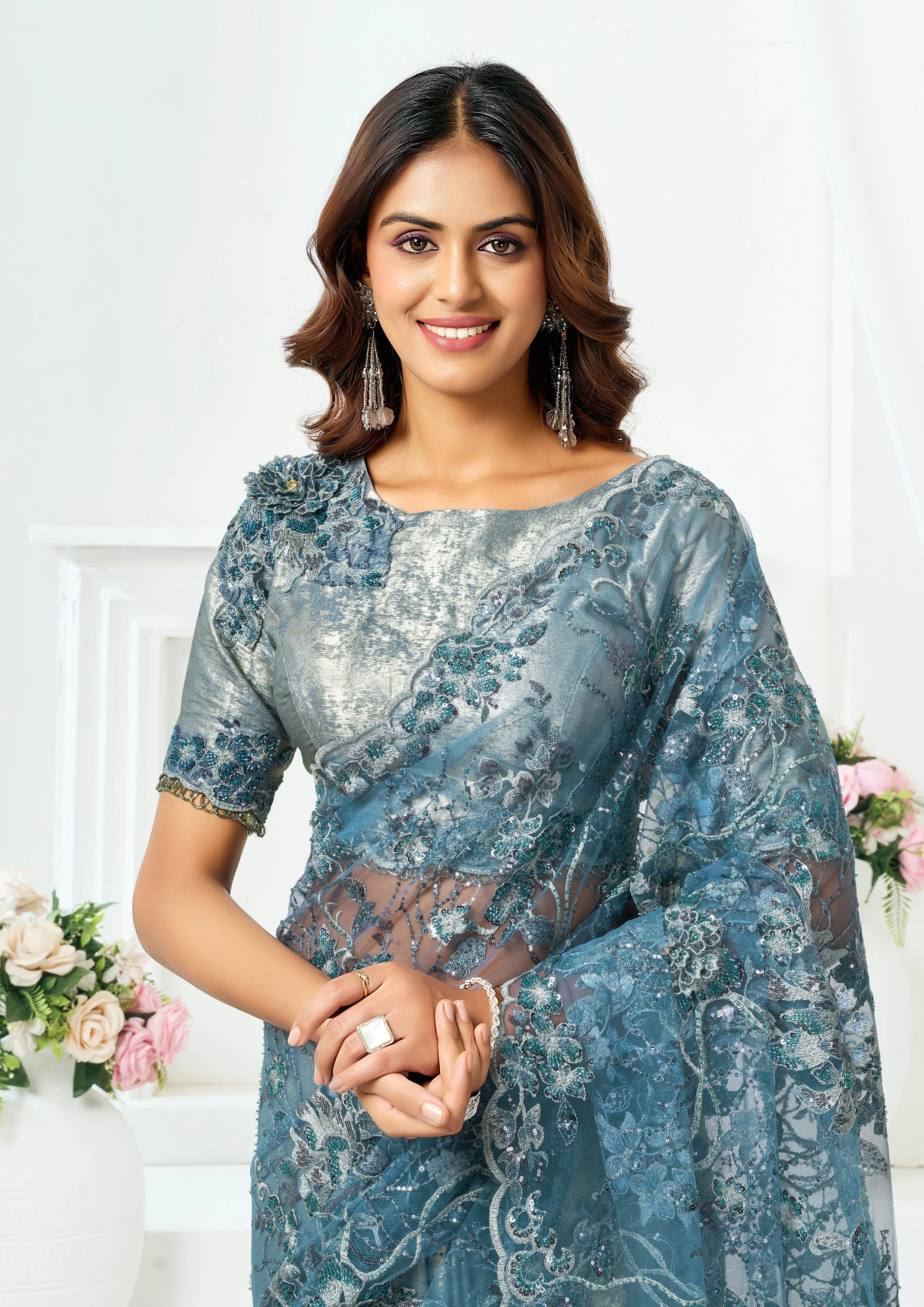 Metallic Grey Embellished Metallic Satin Silk  Saree - Image 3