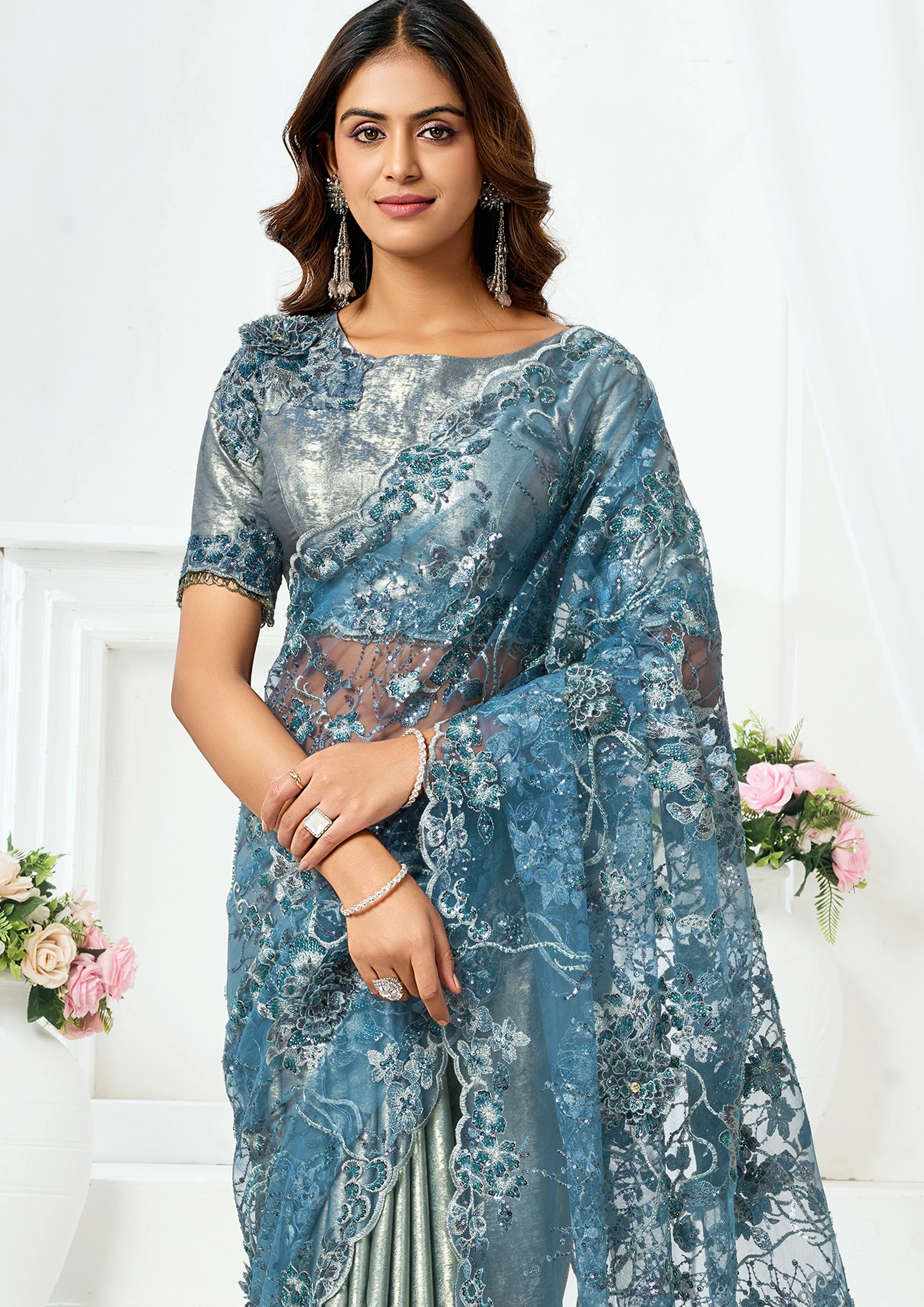 Metallic Grey Embellished Metallic Satin Silk  Saree - Image 4