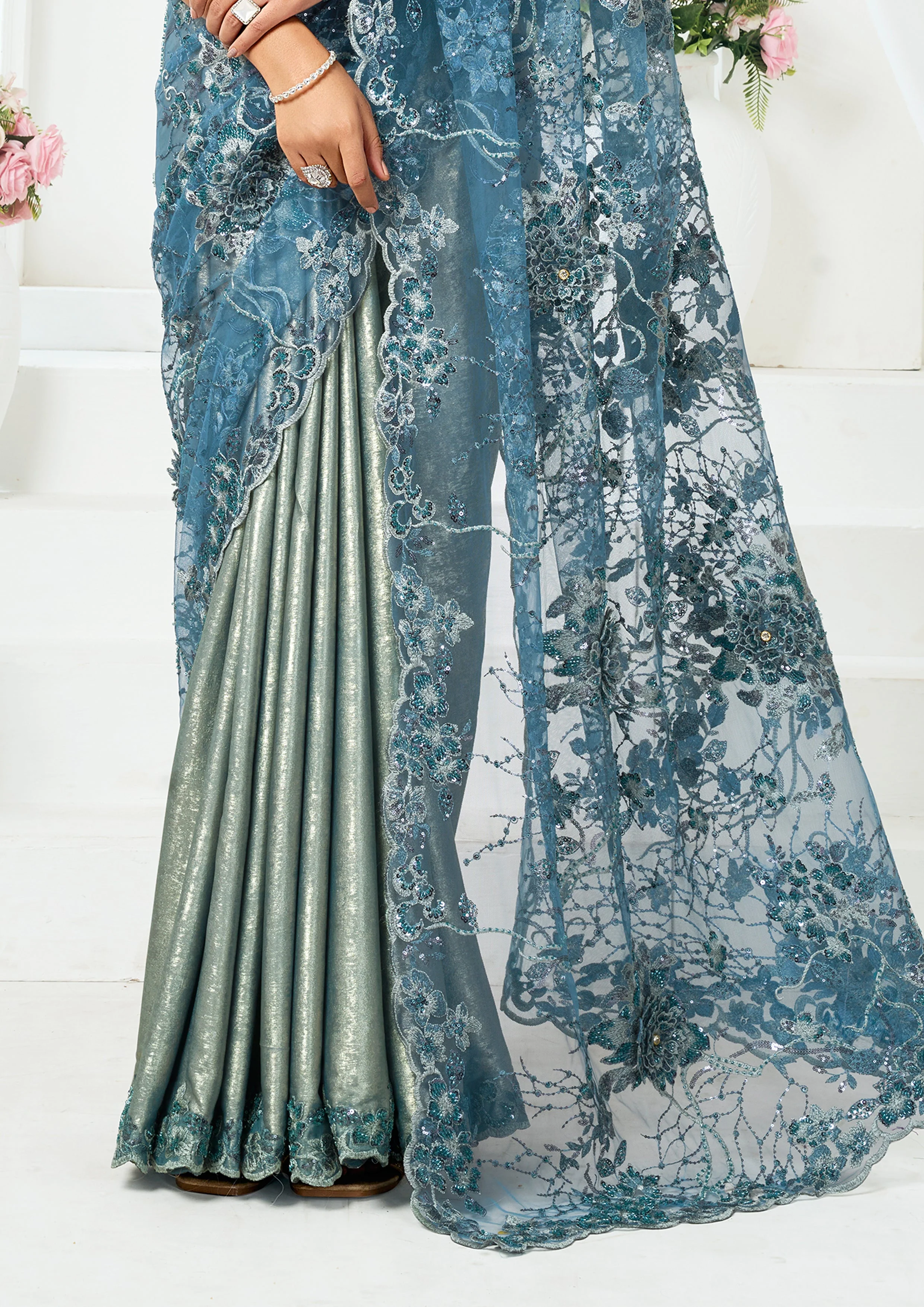 Metallic Grey Embellished Metallic Satin Silk  Saree - Image 6