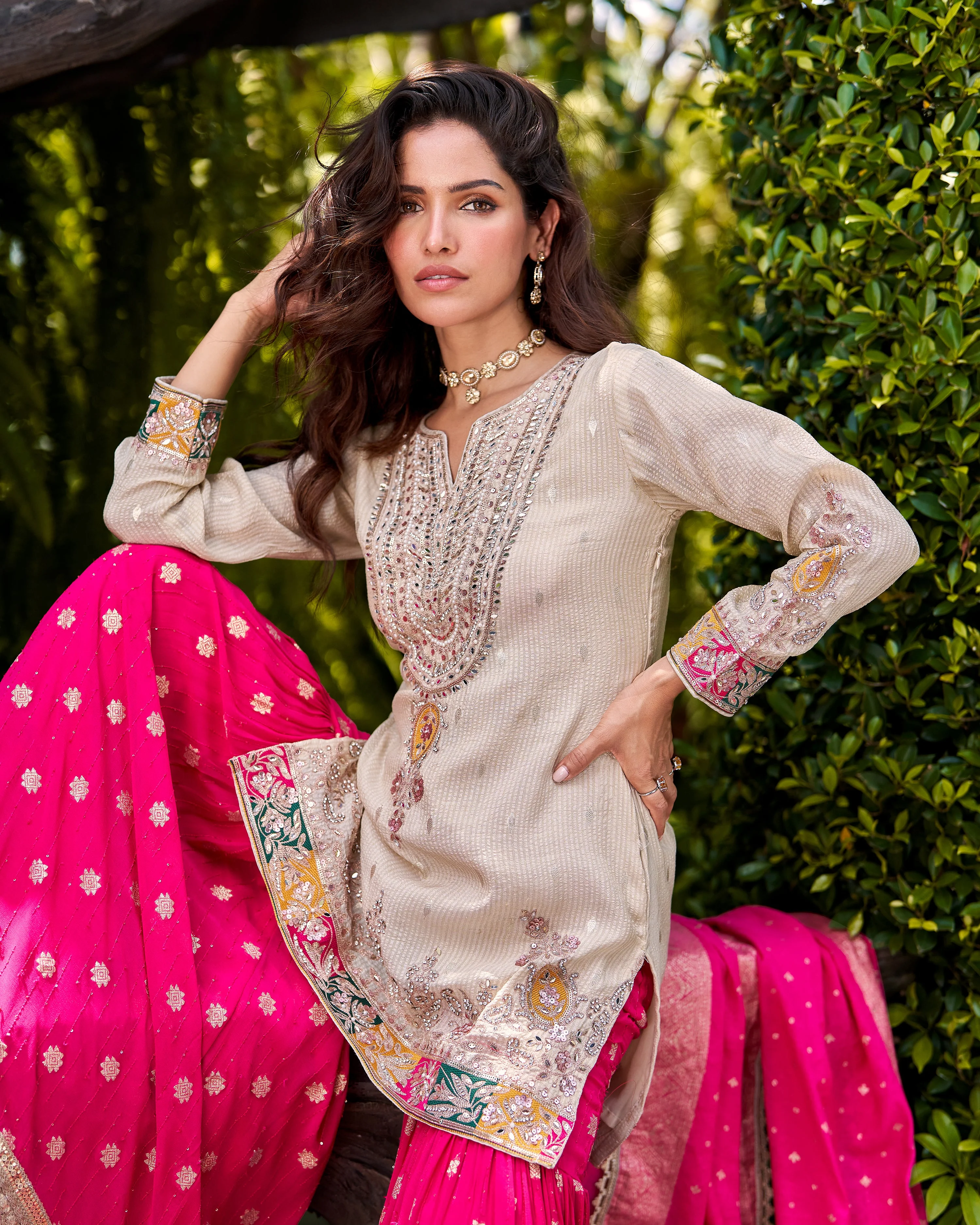 Fuchsia Pink Embellished Georgette Silk Sharara Set - Image 2
