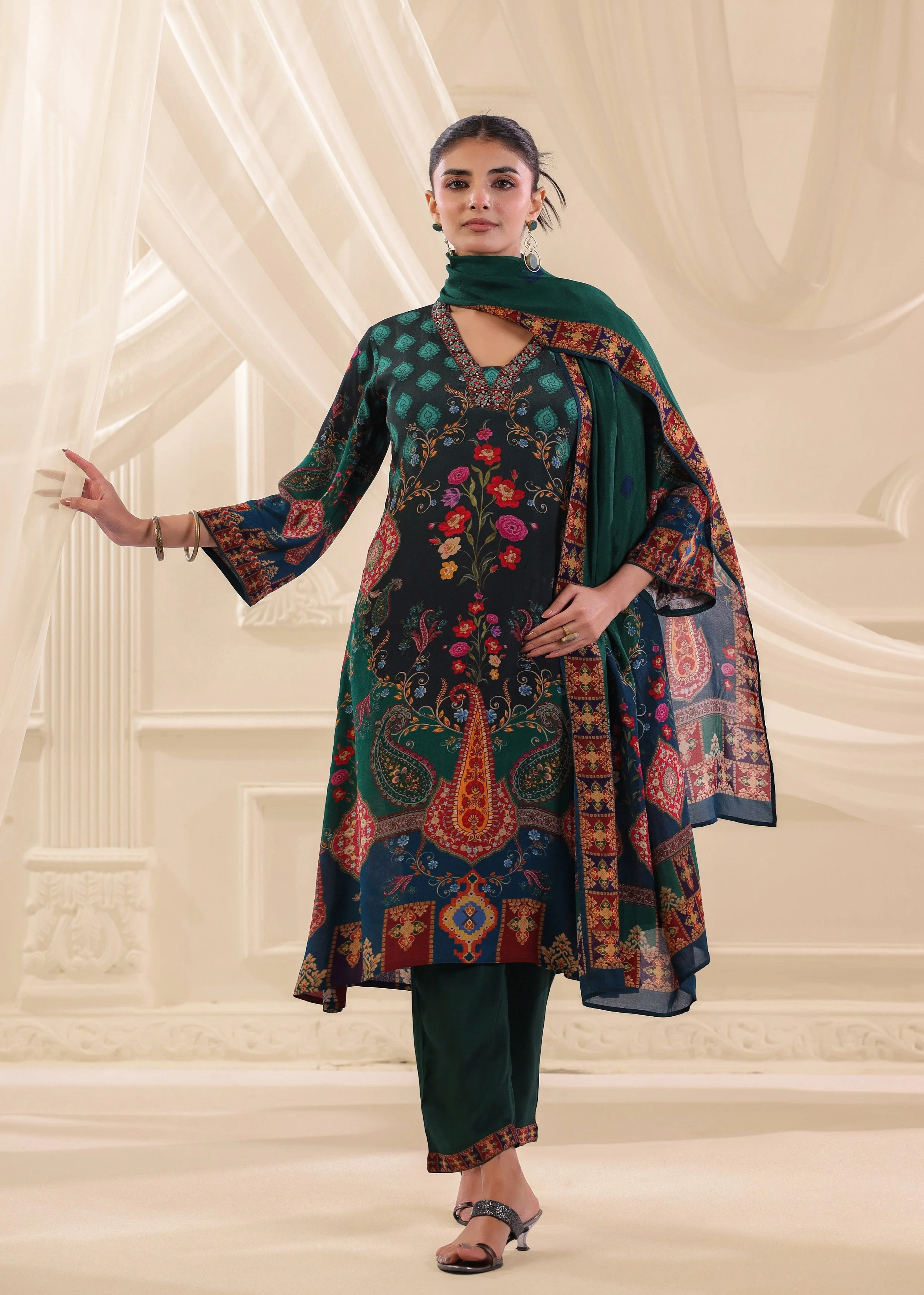Bottle Green Printed Crepe Silk Pant Set