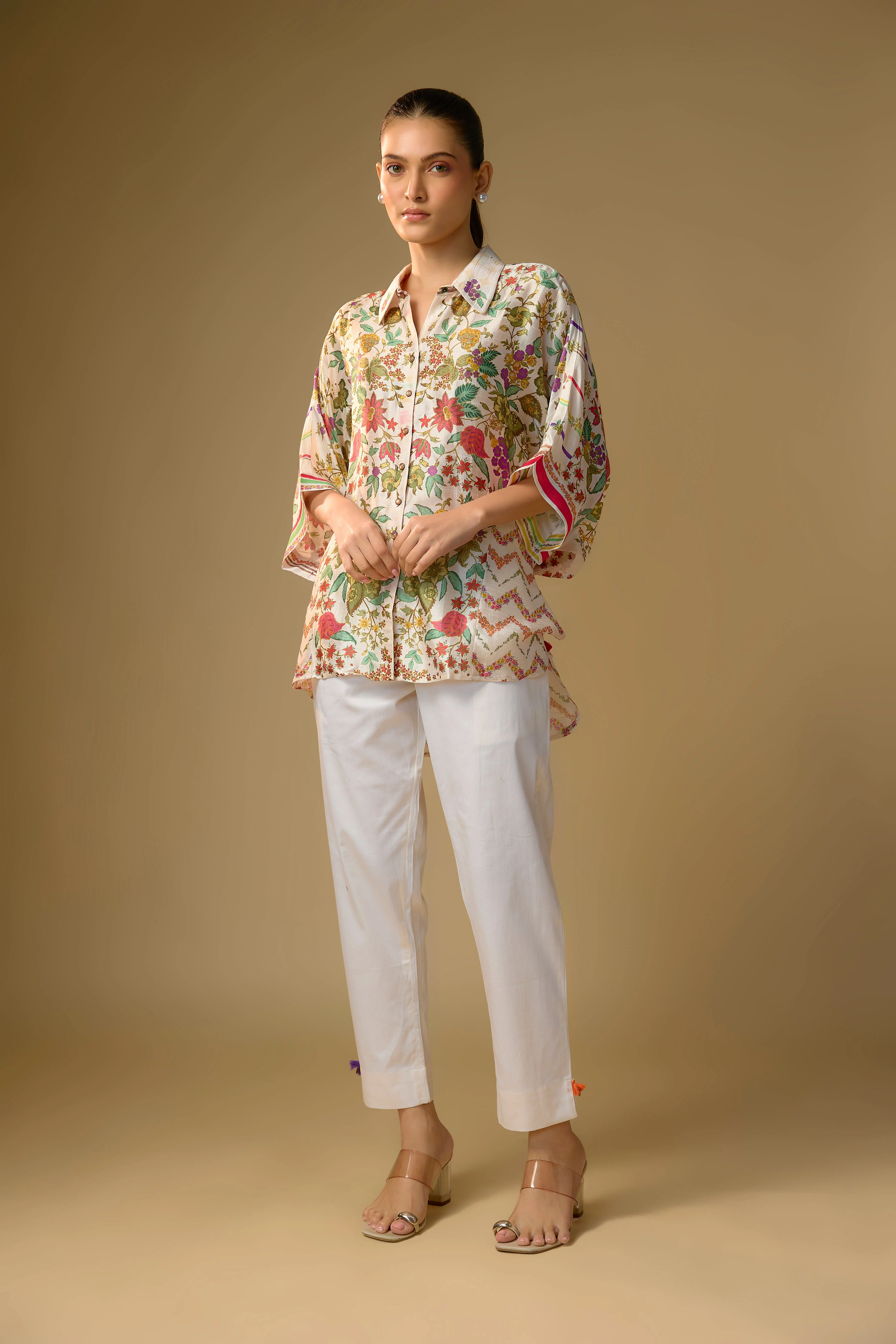 Ivory Printed Slub Cotton Silk Tunic Top