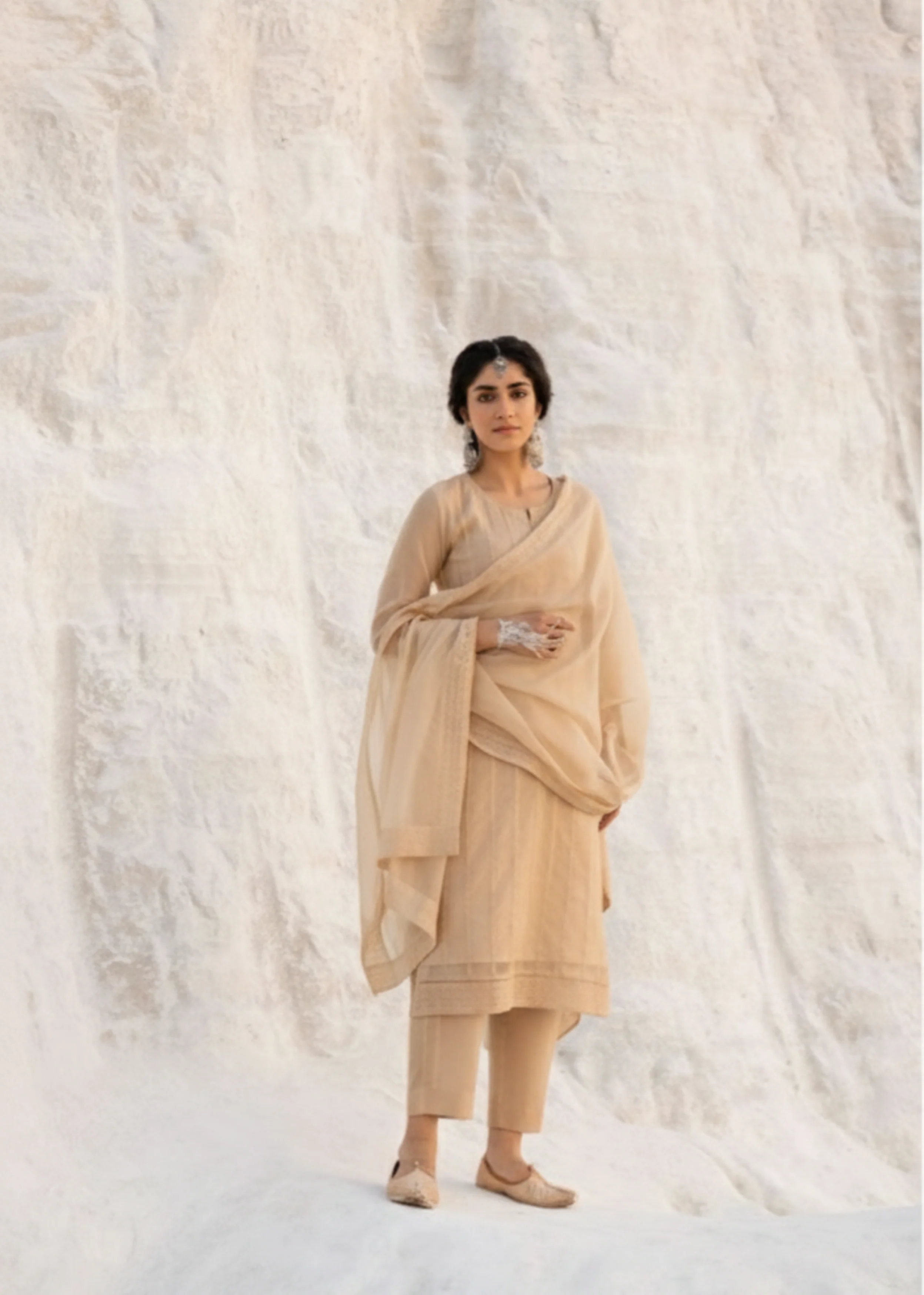 Bright Beige Chikankari Mul-Chanderi Silk Pant Set
