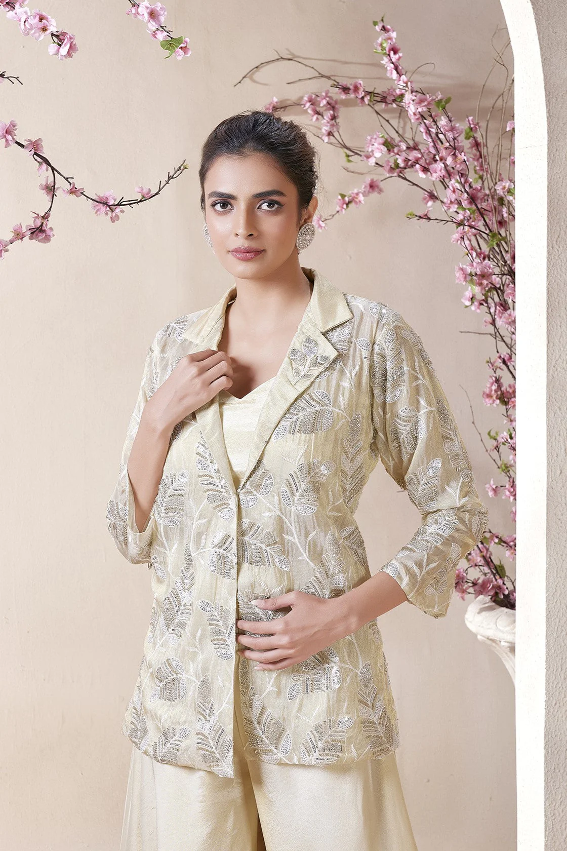 Bright Cream Embroidered Jacket & Palazzo Set - Image 2