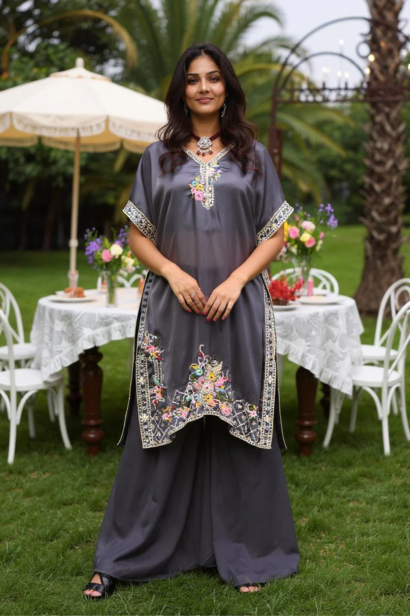 Deep Grey Embellished Viscose Silk Palazzo Set - Image 3