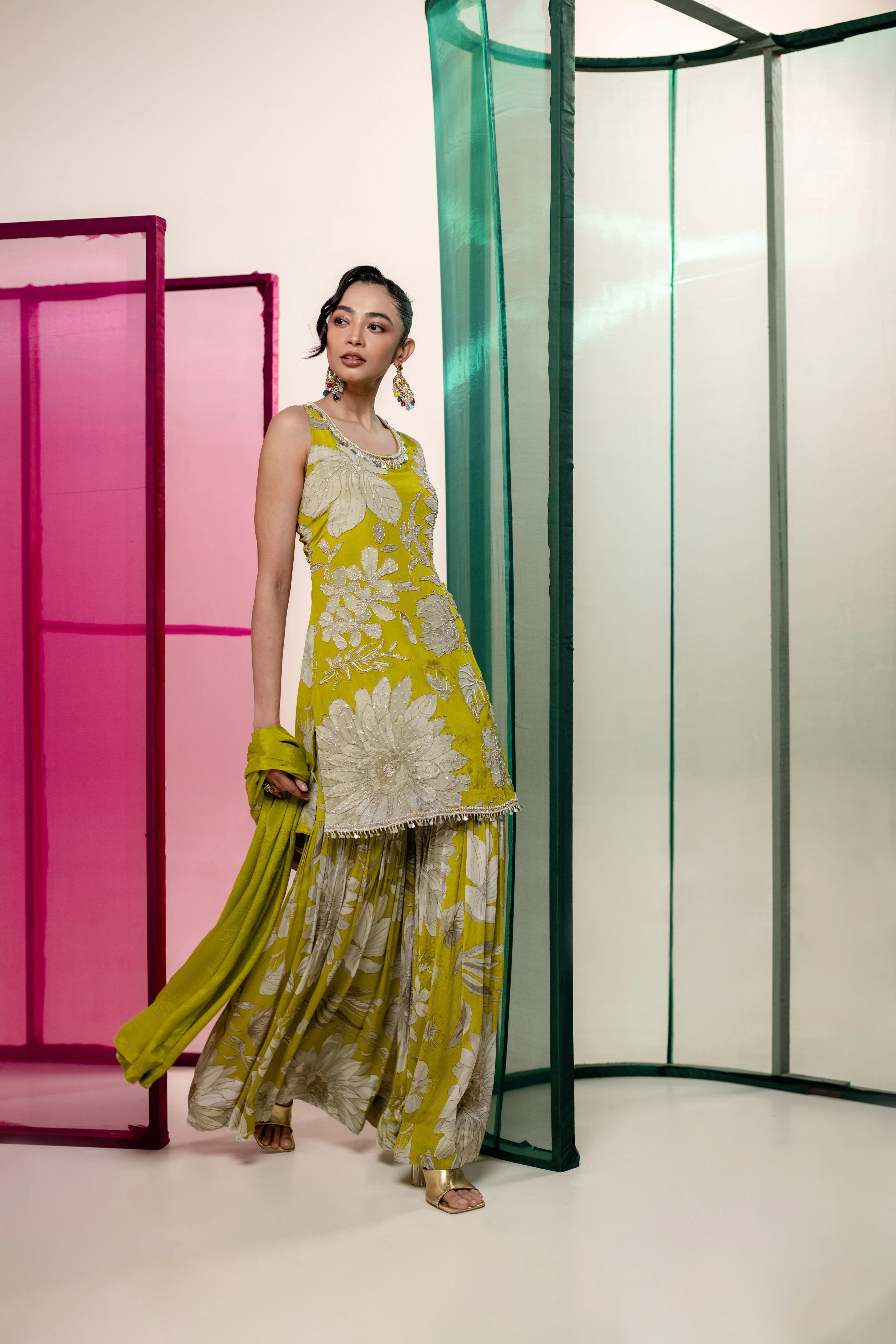 Lime Green Digital Printed Chinon Silk Sharara Set